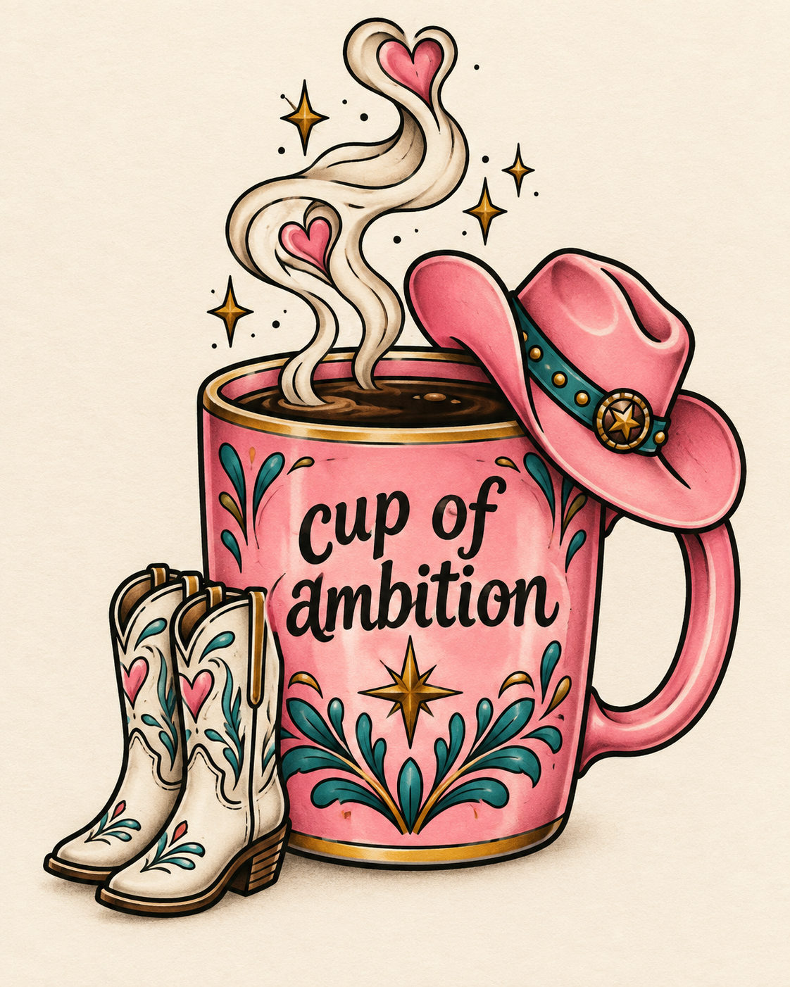 A pink mug reading "Cup of Ambition" with heart-shaped steam, a pink cowboy hat, and white boots decorated with hearts and teal flourishes.
