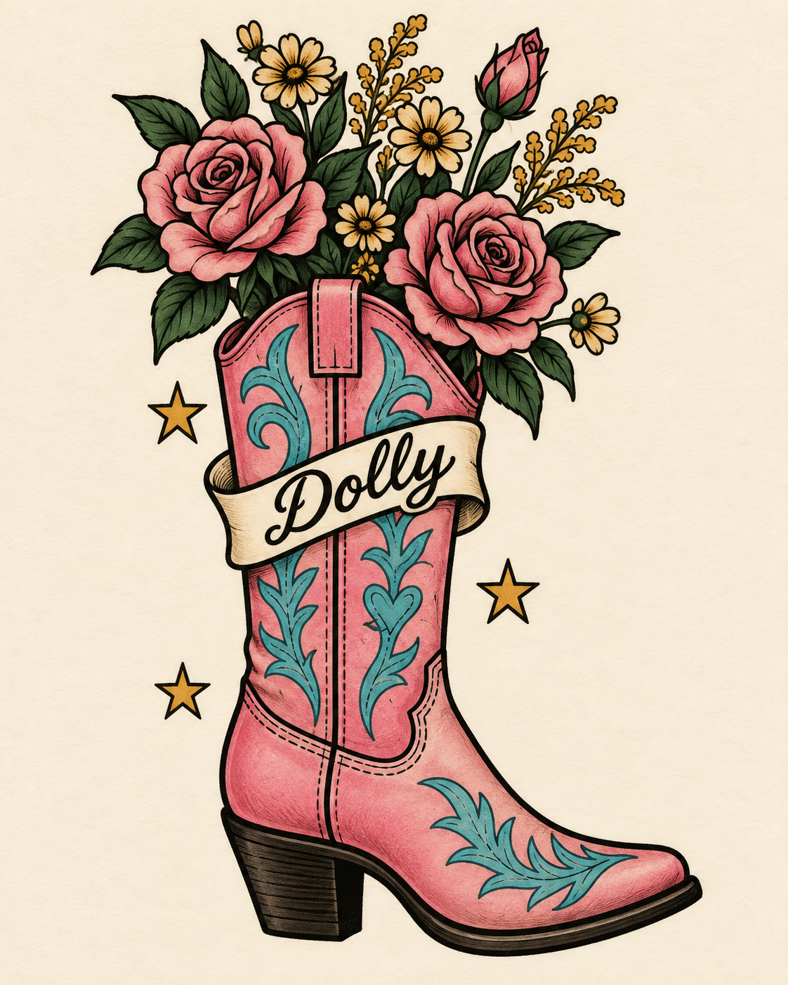 A pink cowboy boot with teal embroidery holds a bouquet of roses and wildflowers. A banner across the boot reads "Dolly," surrounded by three gold stars.