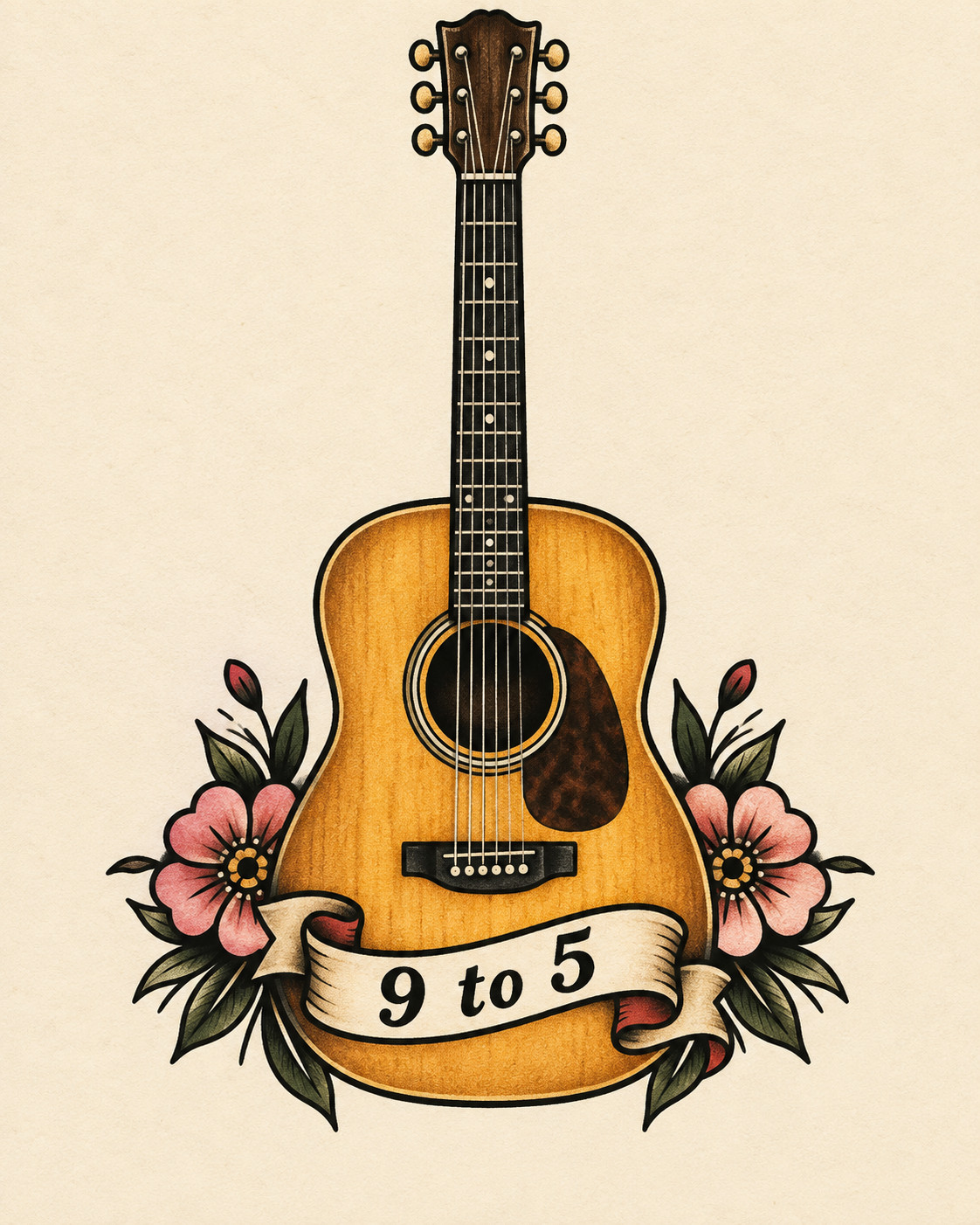 Acoustic guitar illustration in tattoo style, flanked by pink flowers and green leaves. A banner across the bottom reads "9 to 5".