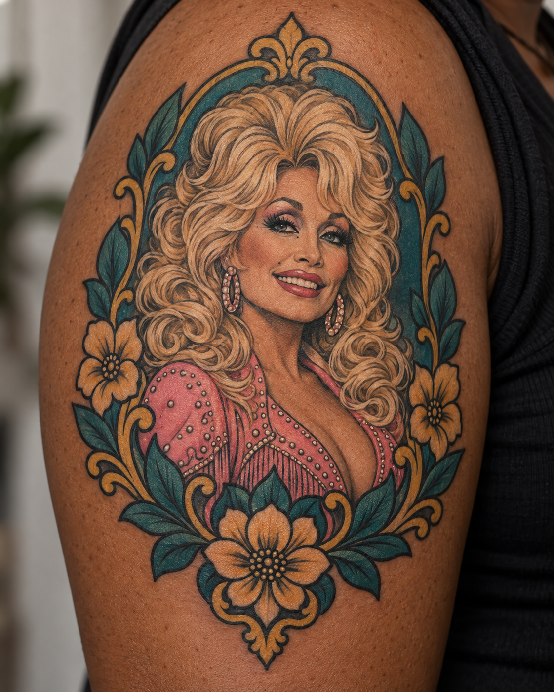 A tattoo on an upper arm depicts Dolly Parton with voluminous blonde hair and a pink jeweled dress, framed by teal leaves and orange flowers.