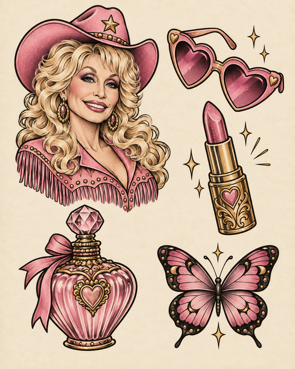 Tattoo-style illustration of Dolly Parton in a pink cowboy hat, accompanied by heart sunglasses, ornate lipstick, a perfume bottle with a bow, and a pink butterfly.