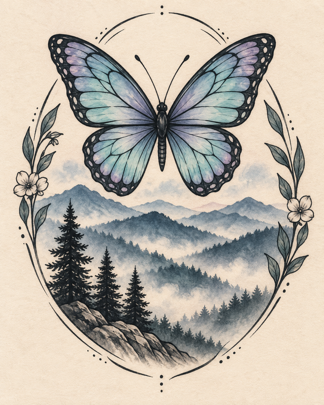 A blue and purple butterfly hovers above misty mountains and pine trees, framed by floral vines in a watercolor illustration.