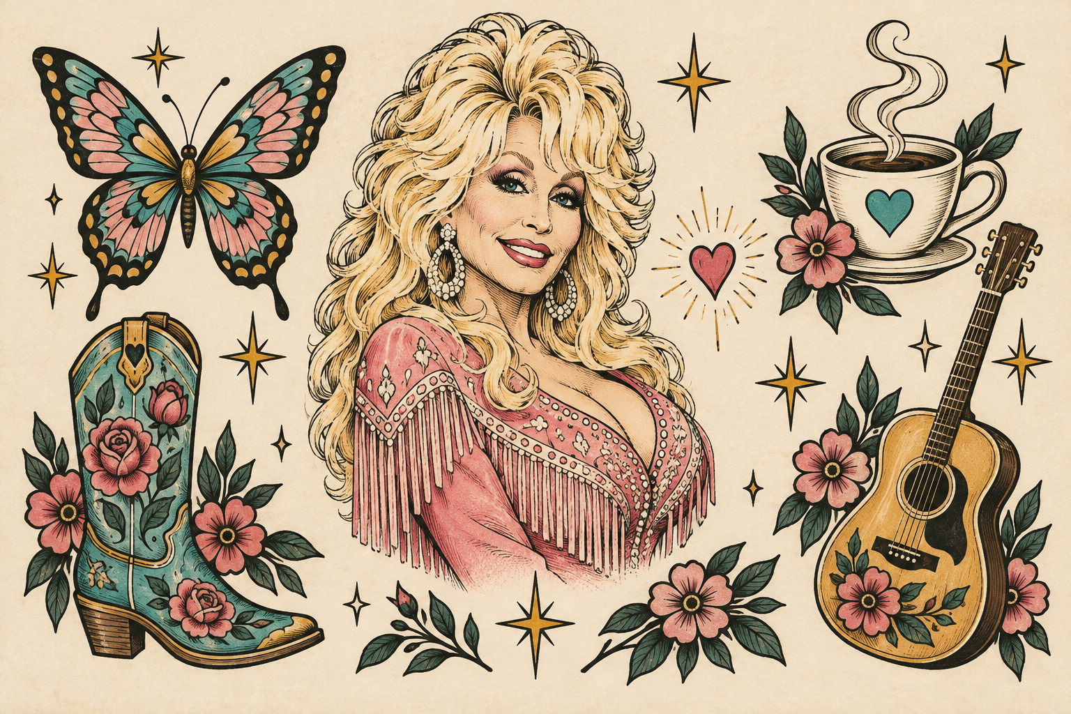 Tattoo-style illustration of Dolly Parton surrounded by a butterfly, floral cowboy boot, steaming coffee cup with a heart, acoustic guitar, and stars.