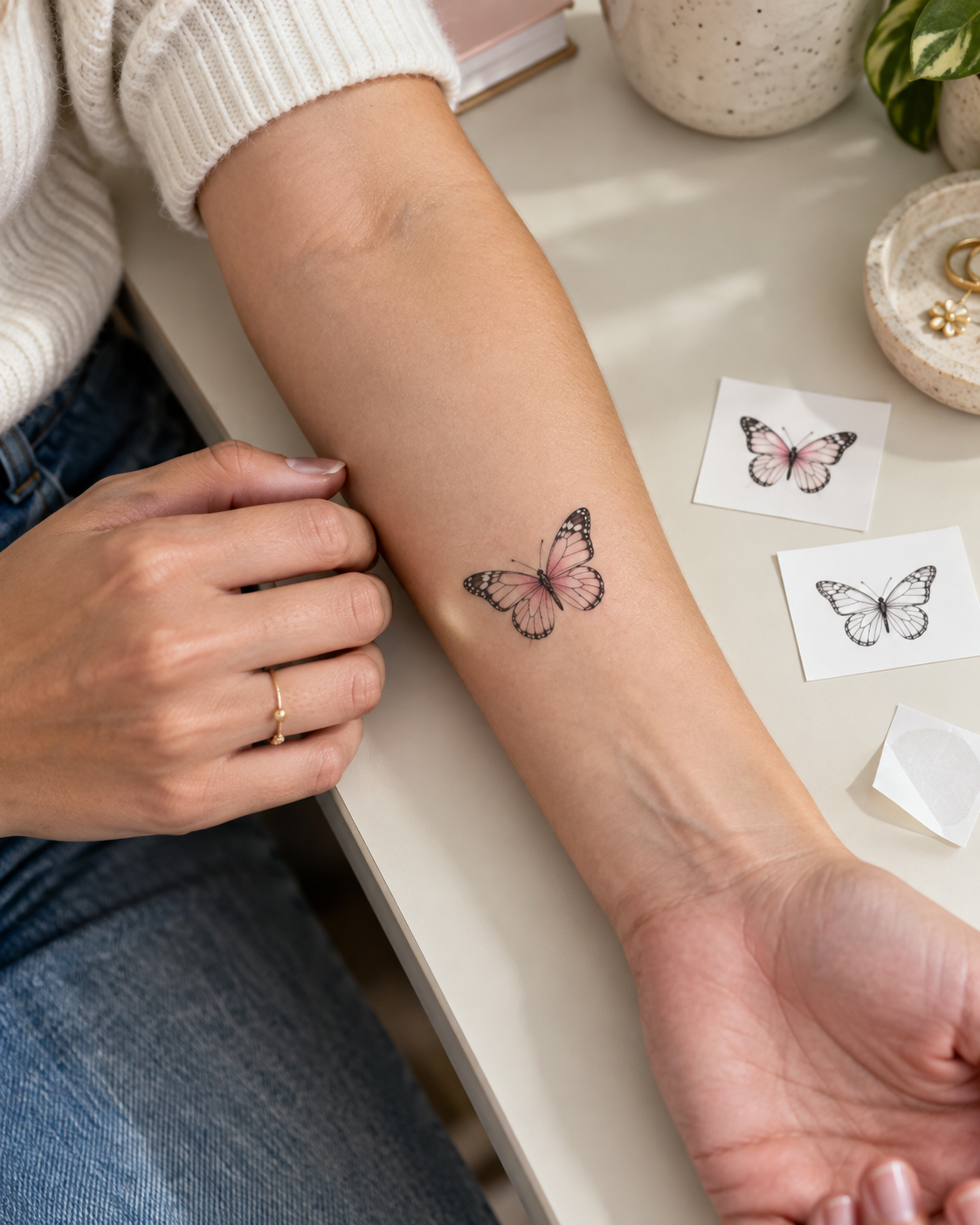 A pink and black butterfly temporary tattoo on a forearm, with matching colored and outline sticker sheets resting on the table nearby.