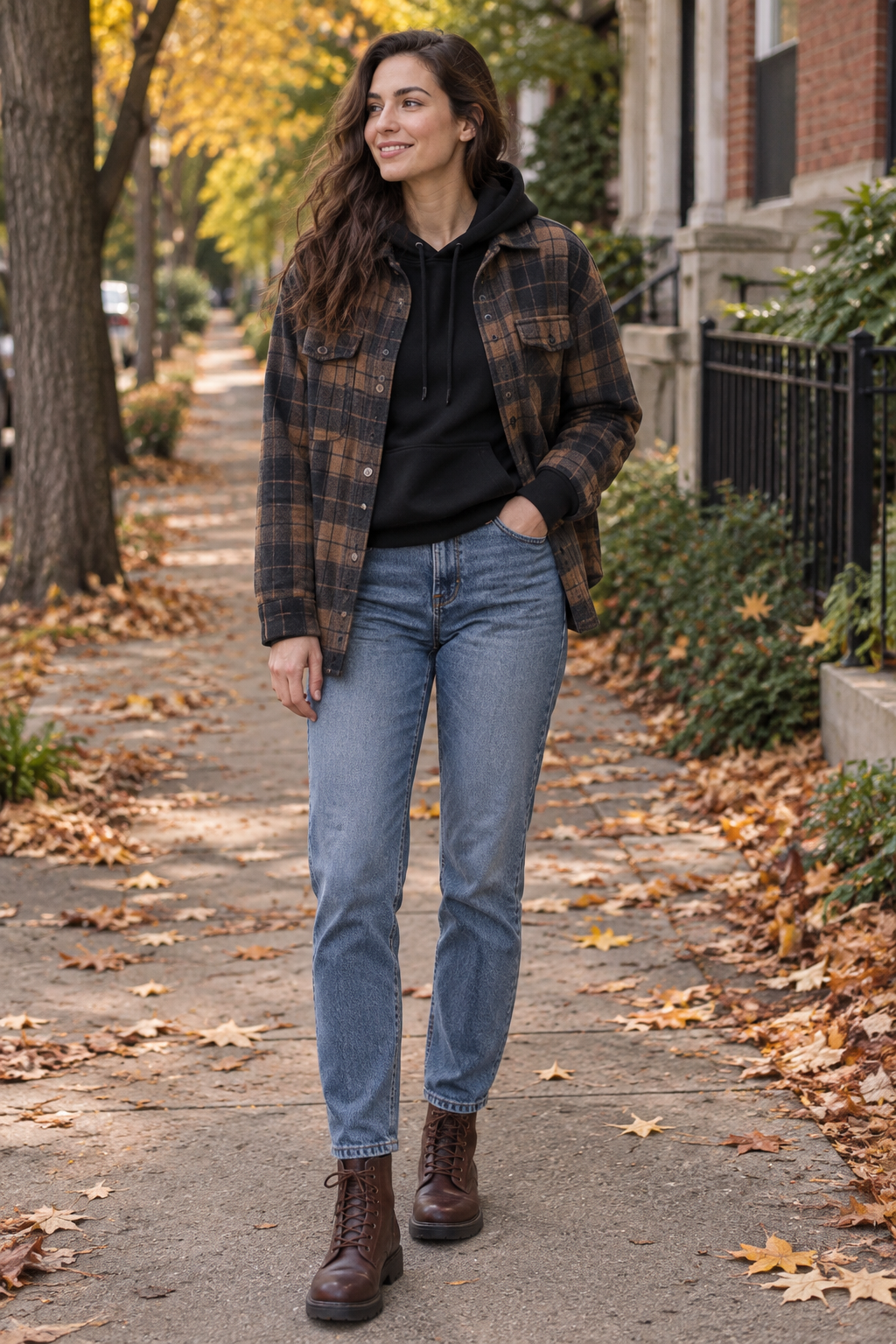 Woman walking on a leaf-strewn sidewalk wearing an open brown plaid flannel shirt over a black hoodie, blue jeans, and brown lace-up boots.