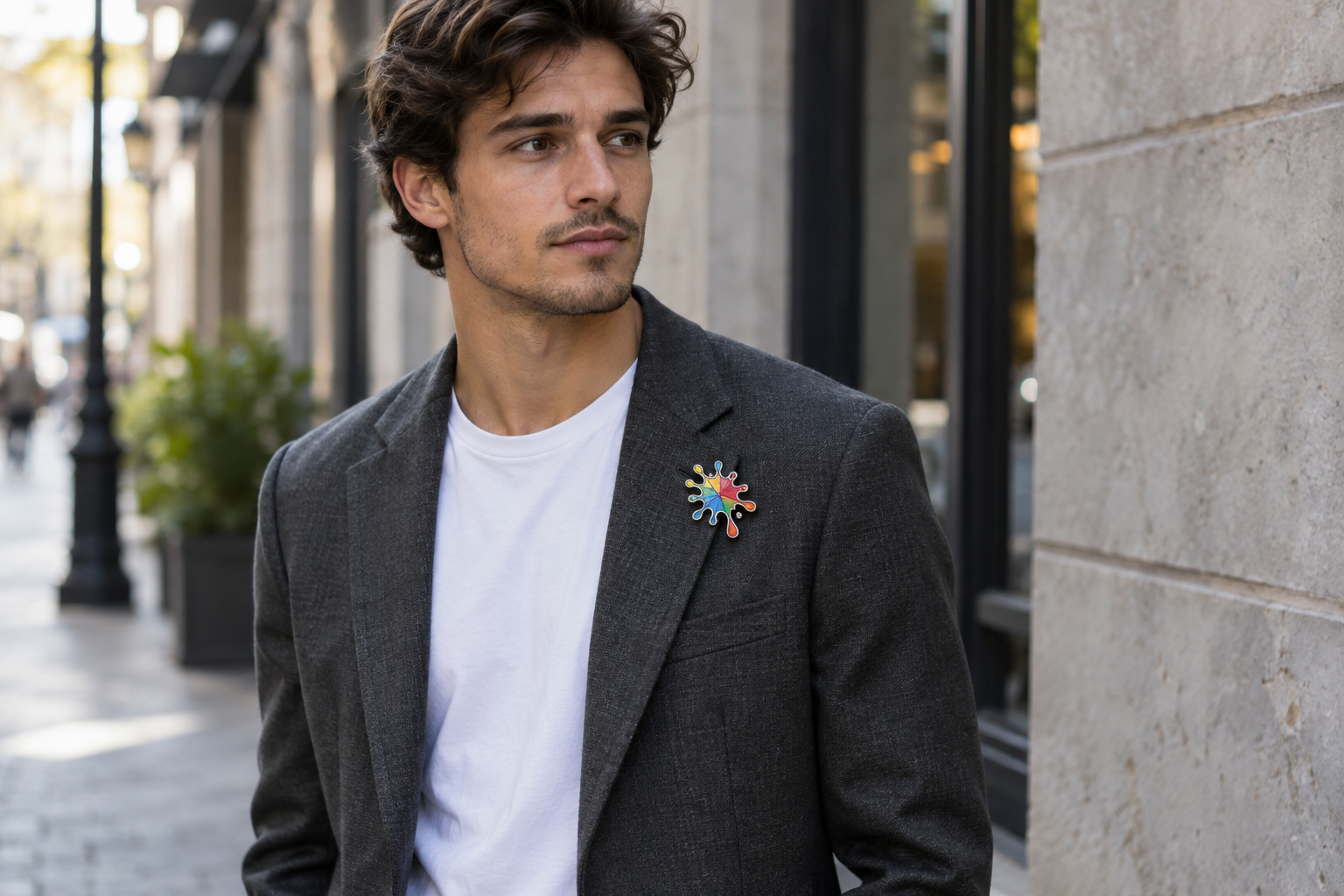 Colorful paint-splash pin on a charcoal blazer and white tee.