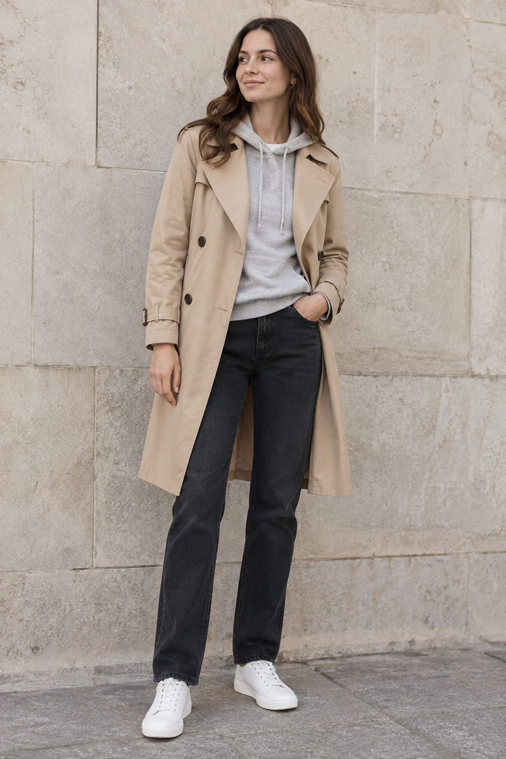 Woman in beige trench coat, grey hoodie, black jeans, and white sneakers standing against a stone wall with one hand in her pocket.