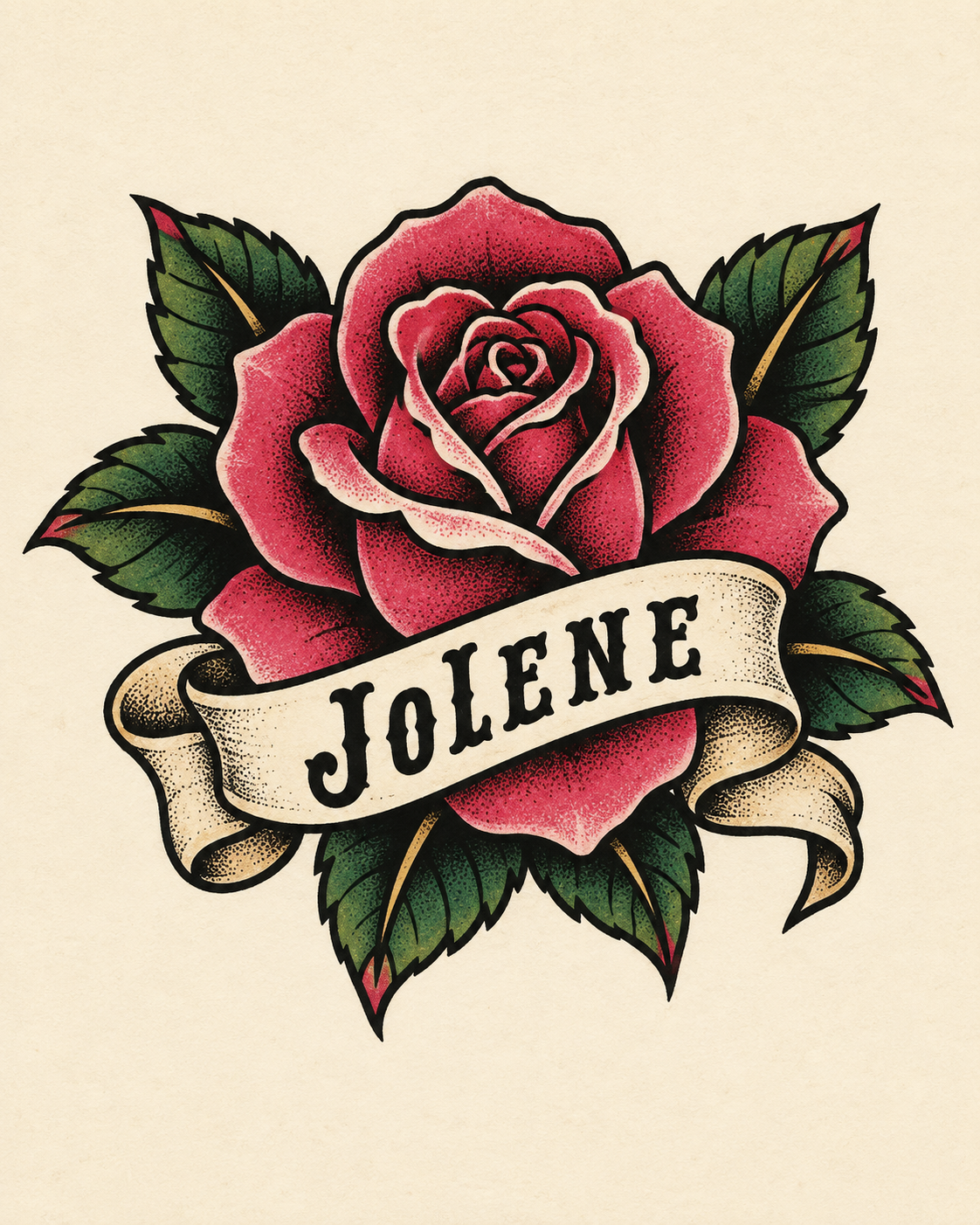 Traditional tattoo-style illustration of a red rose with green leaves. A cream banner across the bloom displays the name "JOLENE" in black serif text.
