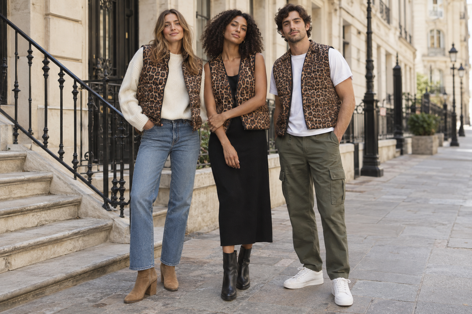 Three models pose on a city sidewalk wearing matching leopard print puffer vests. The woman on the left wears jeans and a cream sweater, the center woman wears a black dress, and the man on the right wears olive cargo pants and a white t-shirt.