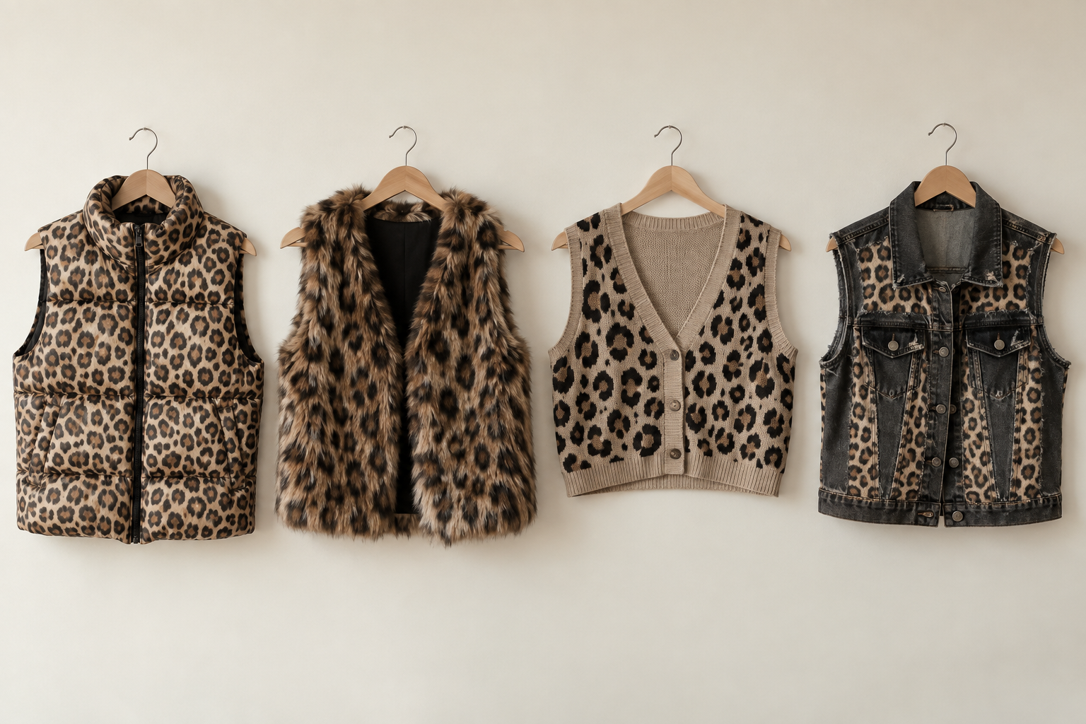 Four leopard-print vests hang on wooden hangers: a quilted puffer, faux fur, knit cardigan, and denim vest with leopard panels.