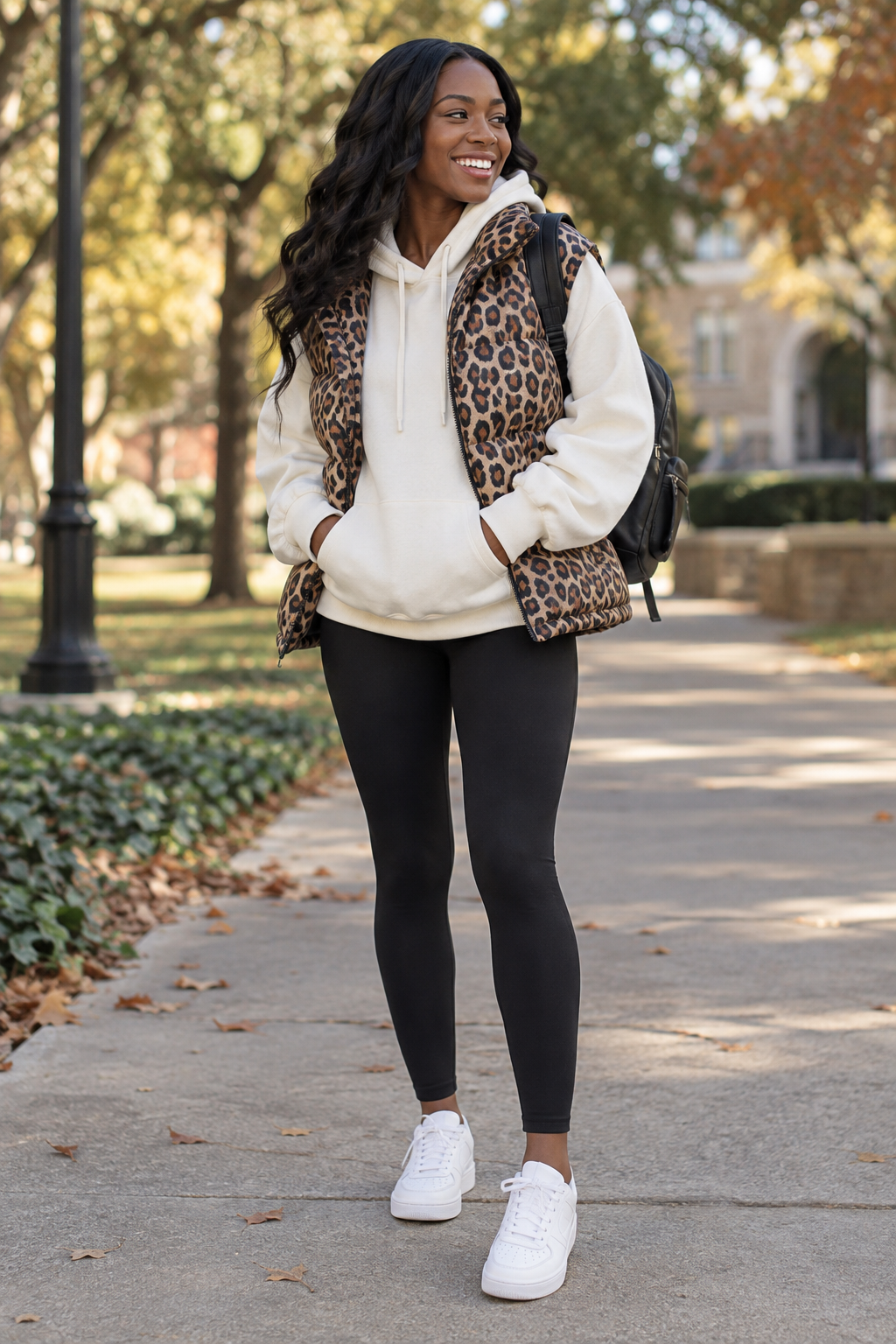 Smiling woman stands on a campus path wearing a cream hoodie, leopard print puffer vest, black leggings, white sneakers, and a black backpack.