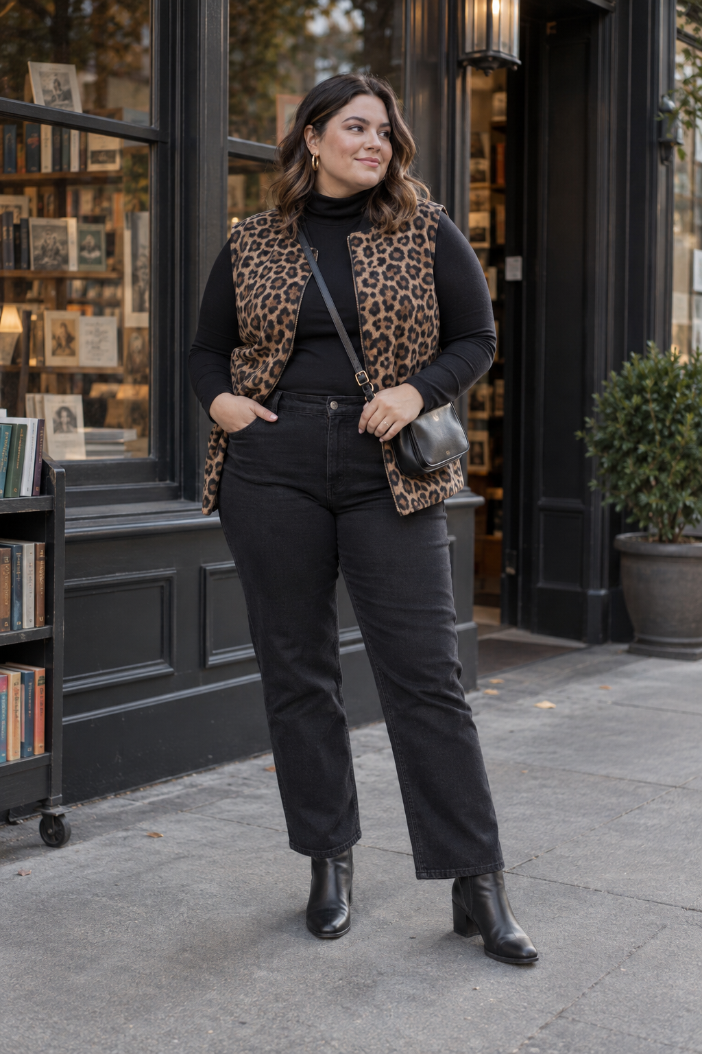 A woman stands outside a bookstore wearing a leopard print vest, black turtleneck, black wide-leg jeans, and black block-heel boots, holding a small crossbody bag.