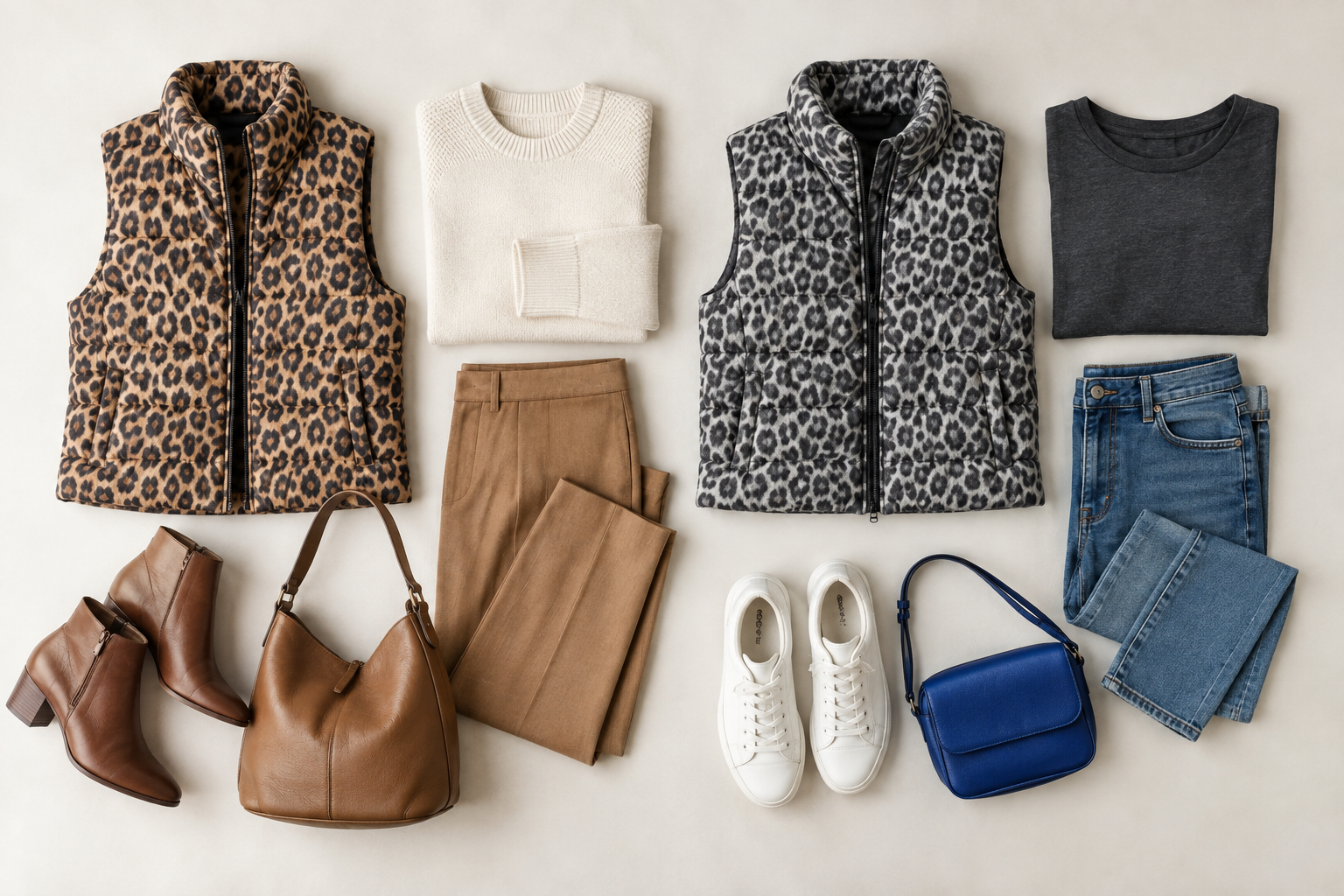 Two leopard print vests styled with outfits: one with a cream sweater, tan pants, brown boots, and bag; the other with a dark tee, jeans, white sneakers, and blue bag.