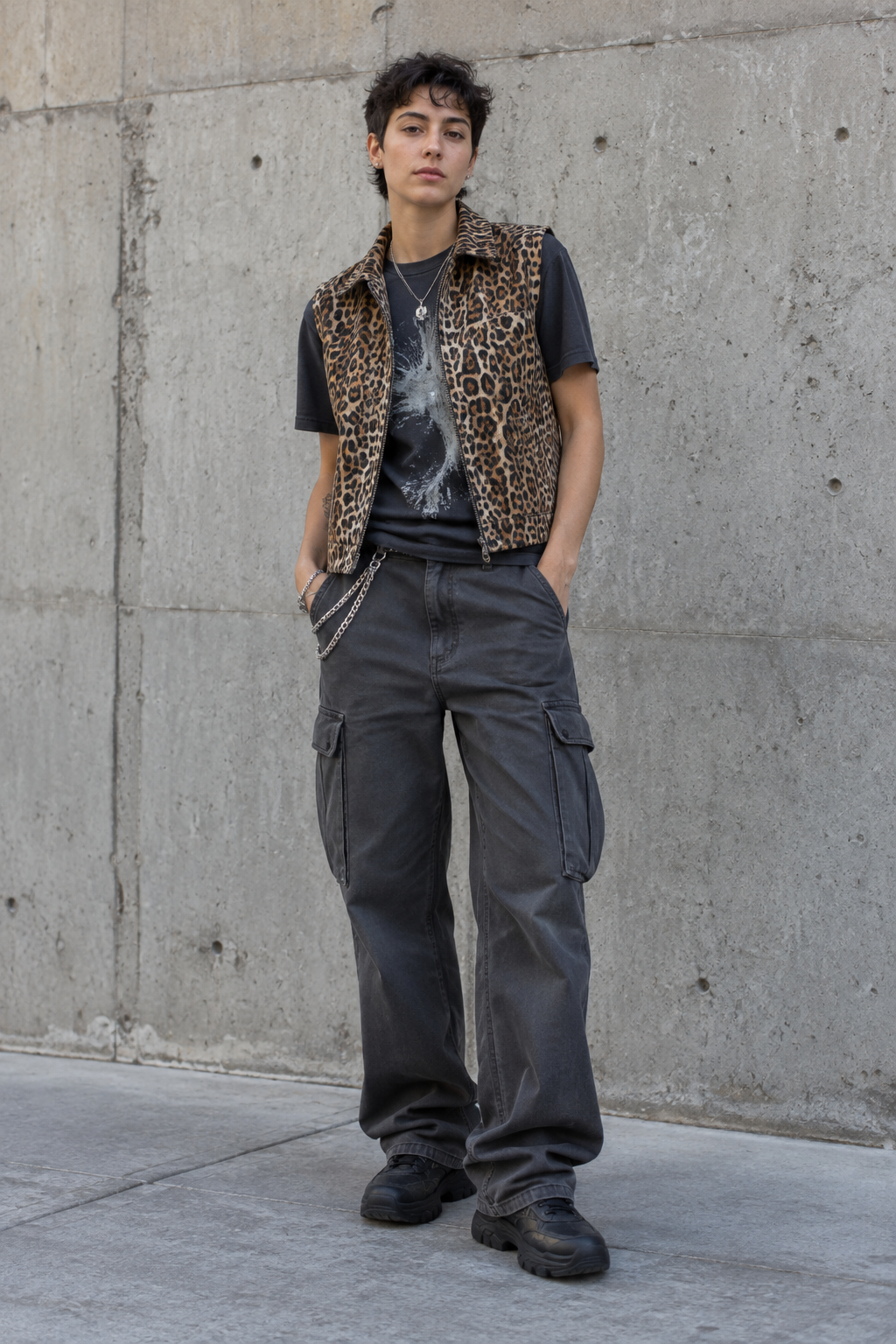 Person with short dark hair stands against a concrete wall wearing a leopard print vest, graphic tee, dark cargo pants with a silver chain belt, and black chunky sneakers.