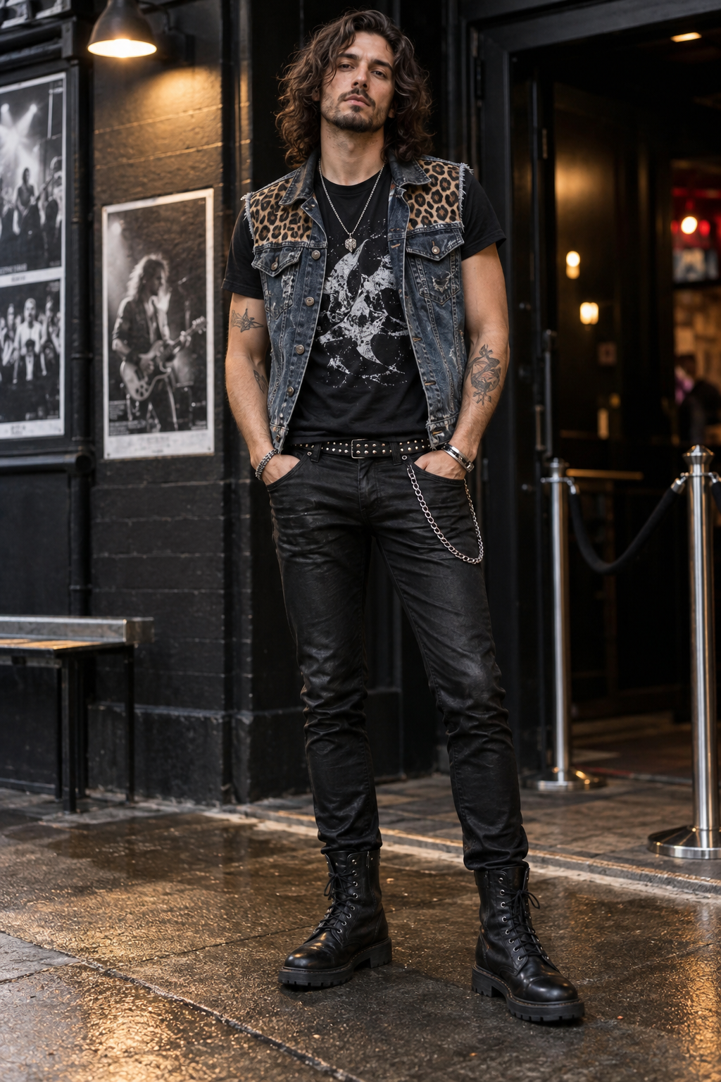 Man with long hair wears a leopard-print denim vest, black graphic tee, leather pants with chain, and combat boots. He stands outside a venue with rock posters on the wall.