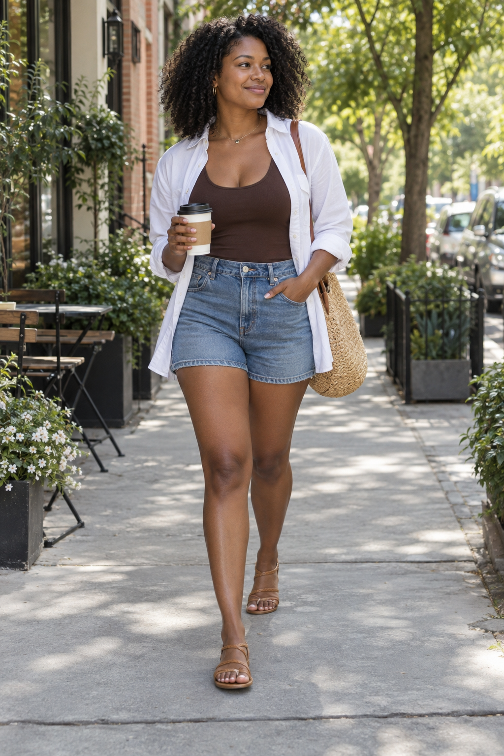 A smiling woman with curly hair walks down a sunny sidewalk wearing denim shorts, a brown tank top, and an open white shirt. She holds a coffee cup and carries a straw bag.