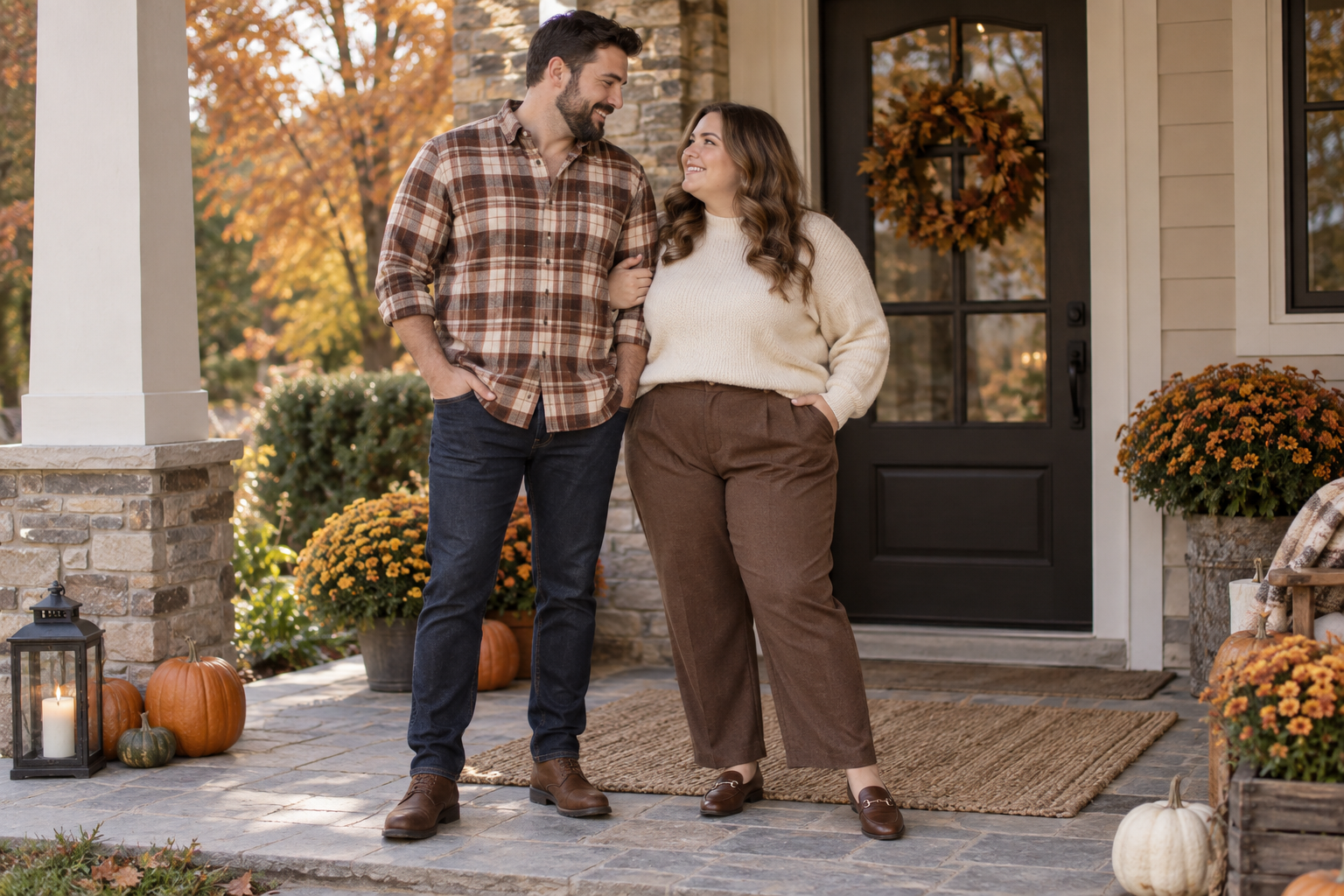 A smiling couple stands on a fall-decorated porch. The man wears a plaid shirt and jeans; the woman wears a cream sweater and brown pants. Pumpkins, mums, and a leaf wreath adorn the entrance.