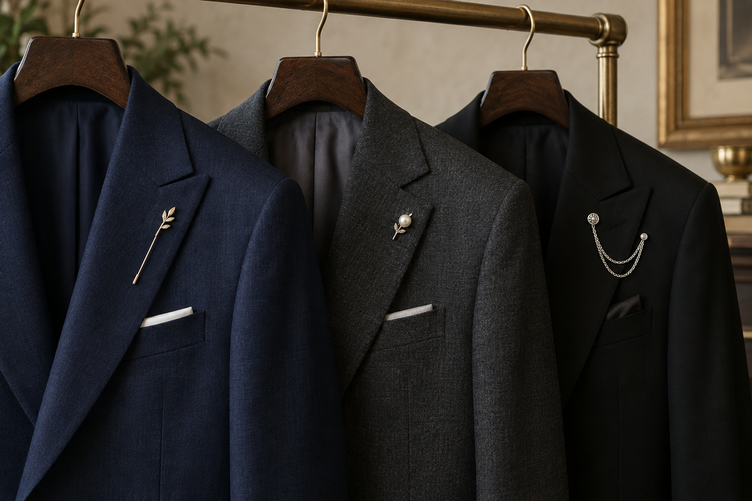 Three tailored jackets with gold, pearl and silver chain brooches.