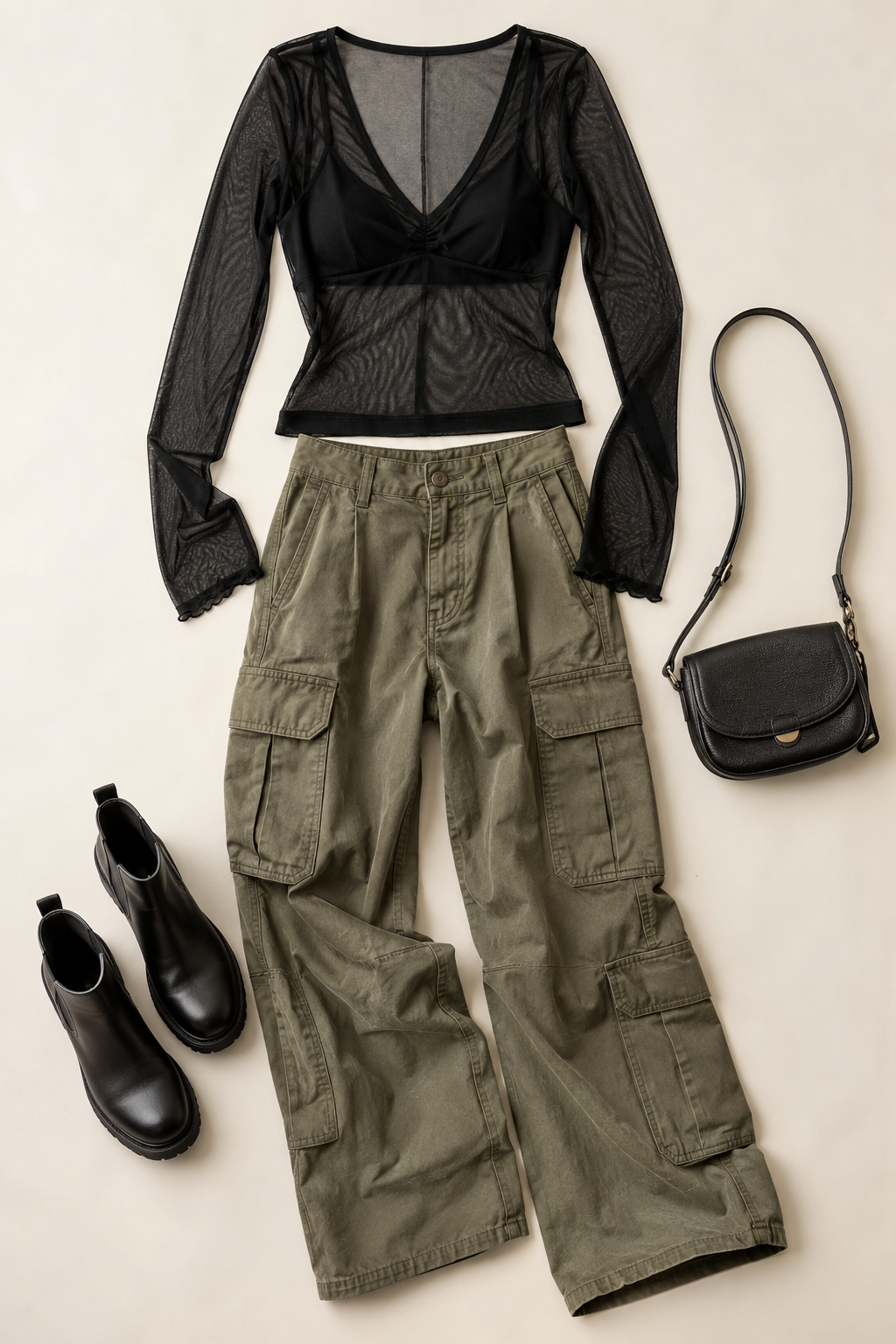 Flat lay of an outfit: black mesh long-sleeve top over a bra, olive green cargo pants, black Chelsea boots, and a small black crossbody bag.