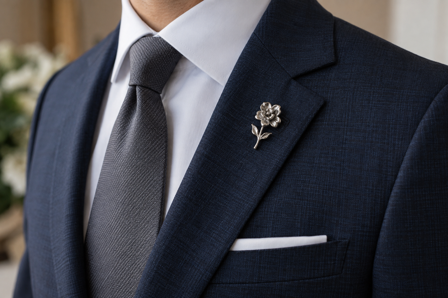Silver flower brooch on a navy wedding suit.