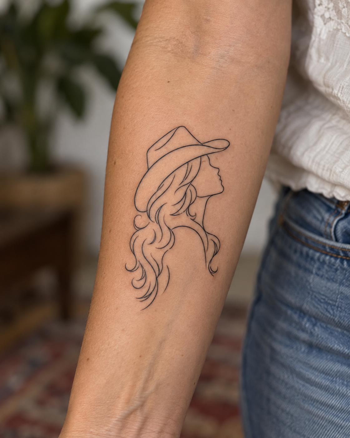 A fine line tattoo on an inner forearm depicts a woman's profile wearing a wide-brimmed hat with long, flowing wavy hair.