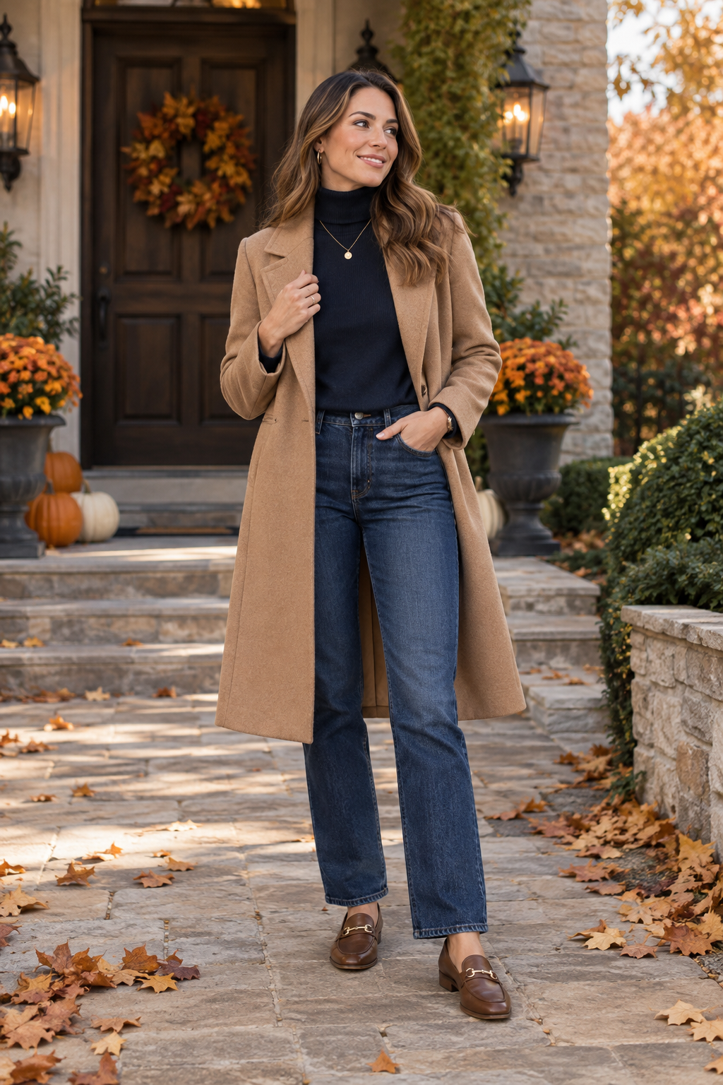 A woman in a camel coat, navy turtleneck, and blue jeans stands on a leaf-strewn path before a front door decorated with an autumn wreath and pumpkins.
