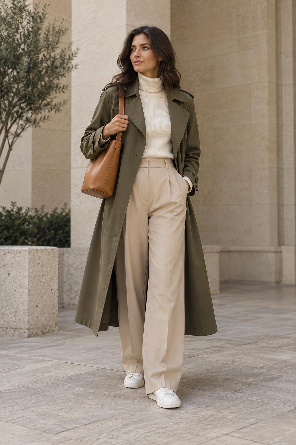 Woman in olive trench coat, cream turtleneck, beige wide-leg trousers, and white sneakers holding a tan leather shoulder bag against a stone building.