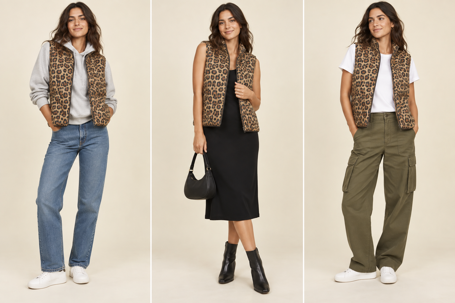 A woman models a leopard print vest in three outfits: with a grey hoodie and jeans, a black dress and boots, and a white tee with olive cargo pants.