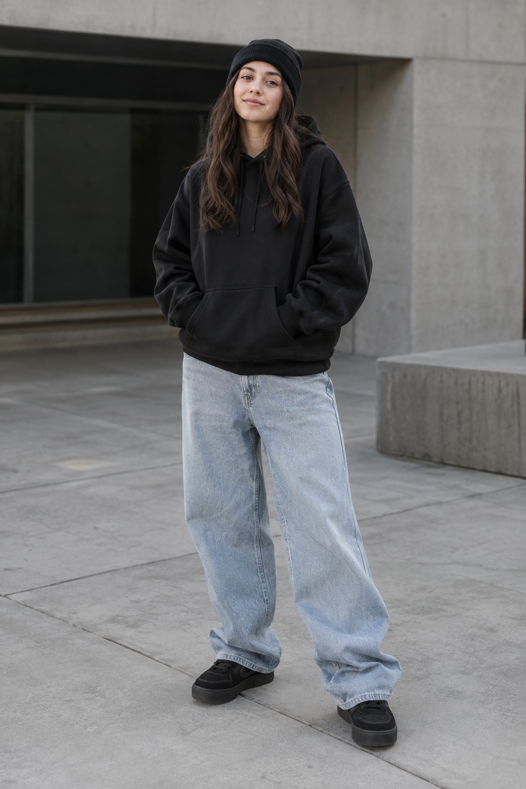 A woman stands outdoors wearing a black beanie, oversized black hoodie with hands in pockets, light wash wide-leg jeans, and black platform sneakers against a concrete background.