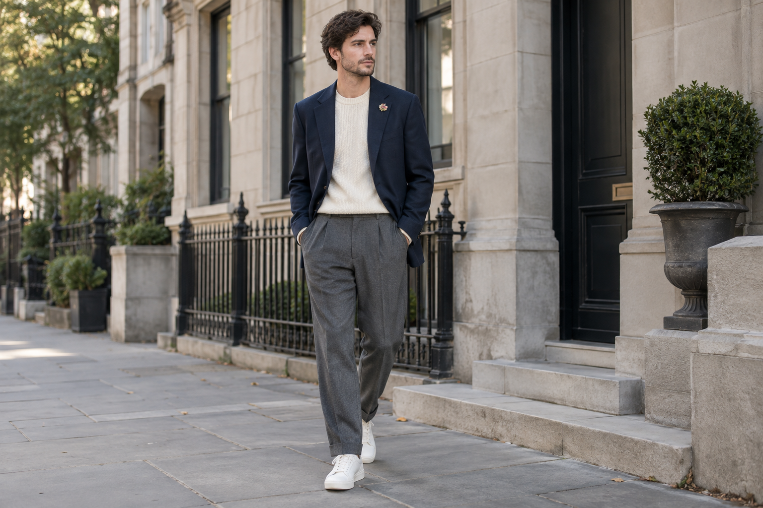 Loose navy blazer, cream knit, gray trousers and sneakers with a flower pin.