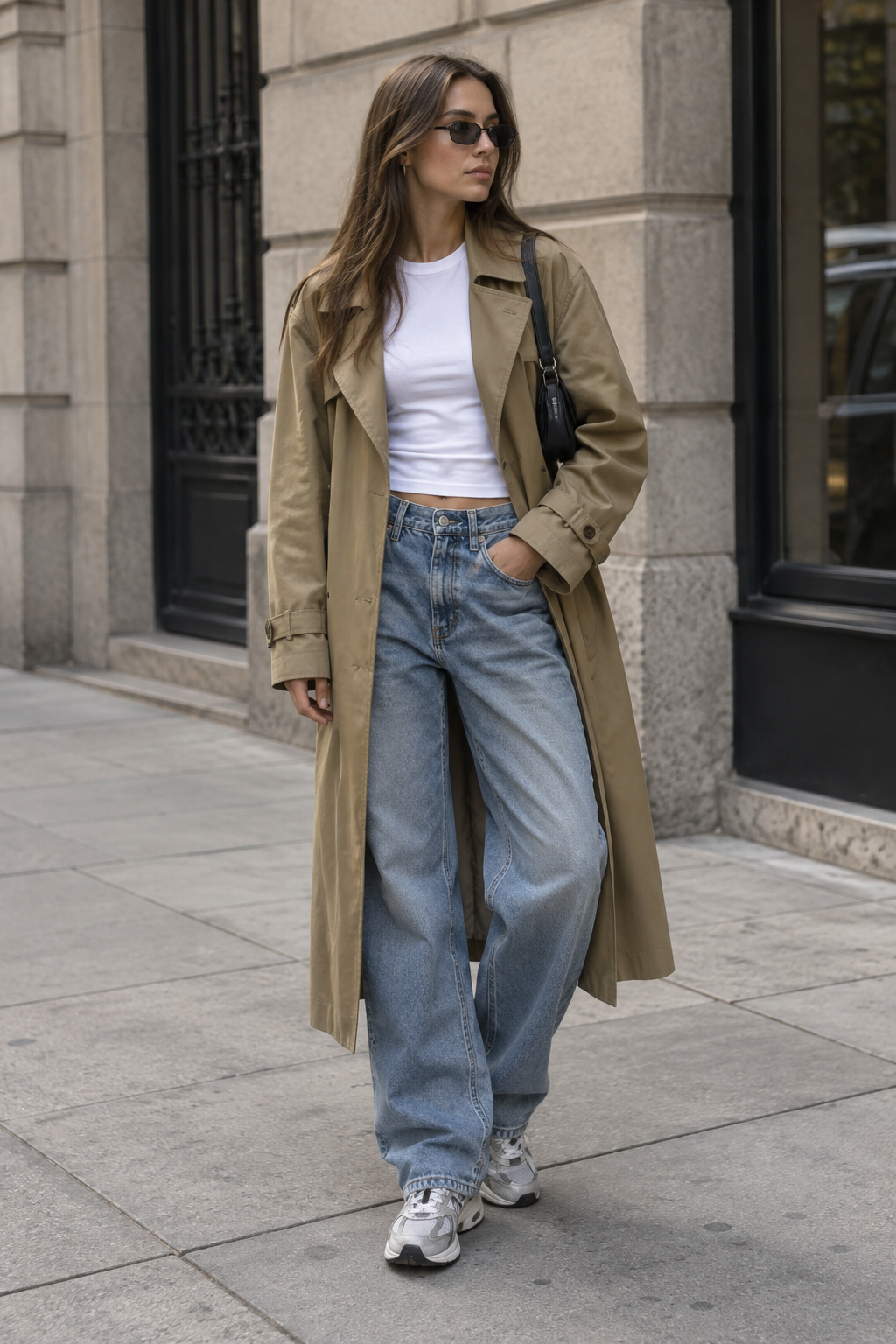 Woman in a long beige trench coat, white crop top, and wide-leg jeans walking on a city sidewalk. She wears sunglasses and carries a black shoulder bag with silver sneakers.