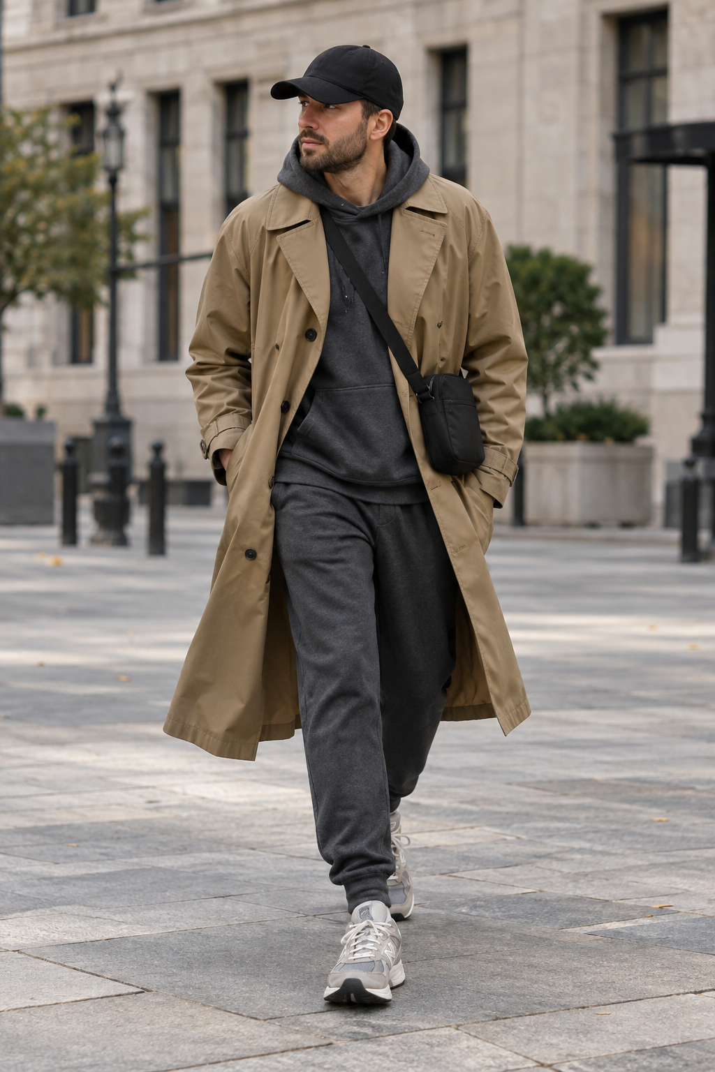 Man walking in a city wearing a beige trench coat over a grey hoodie and sweatpants, black cap, and crossbody bag.