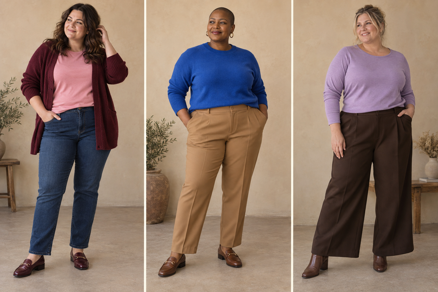 Plus-size outfits pairing pink with burgundy, cobalt blue with camel, and lavender with chocolate brown.