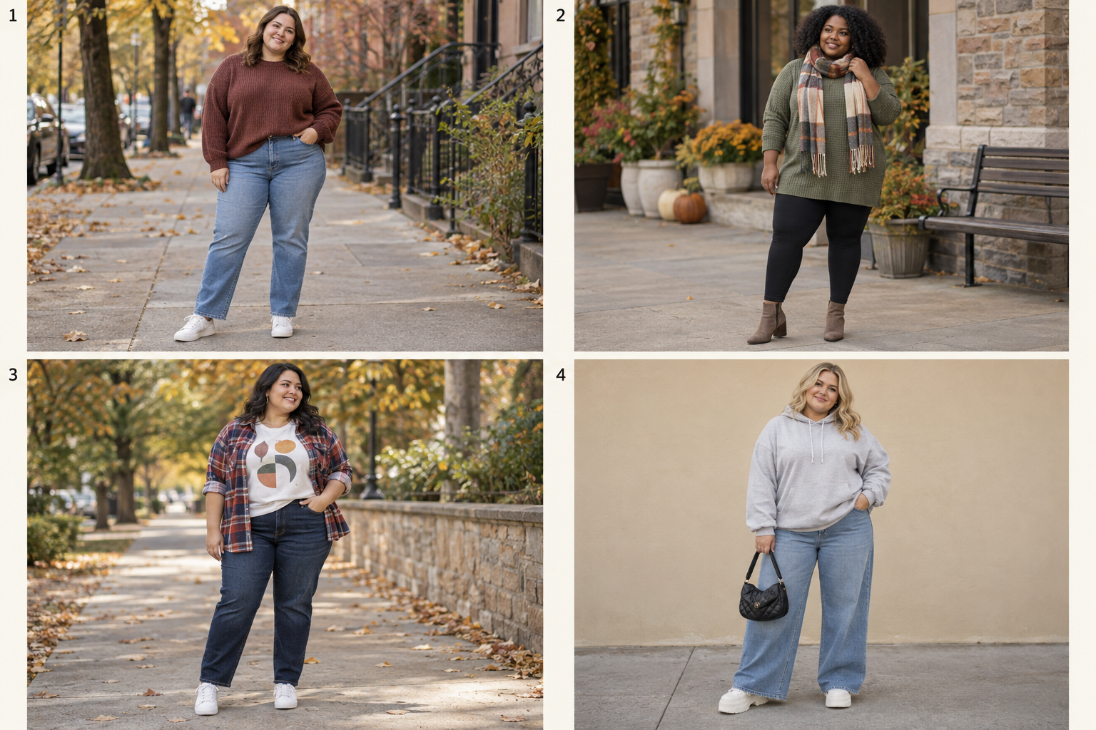 Plus-size fall looks 1-4: Oversized crew sweater, straight jeans, white sneakers; Waffle tunic, black leggings, ankle boots; Graphic tee, open plaid flannel, dark jeans; Hoodie, wide-leg jeans, platform sneakers.