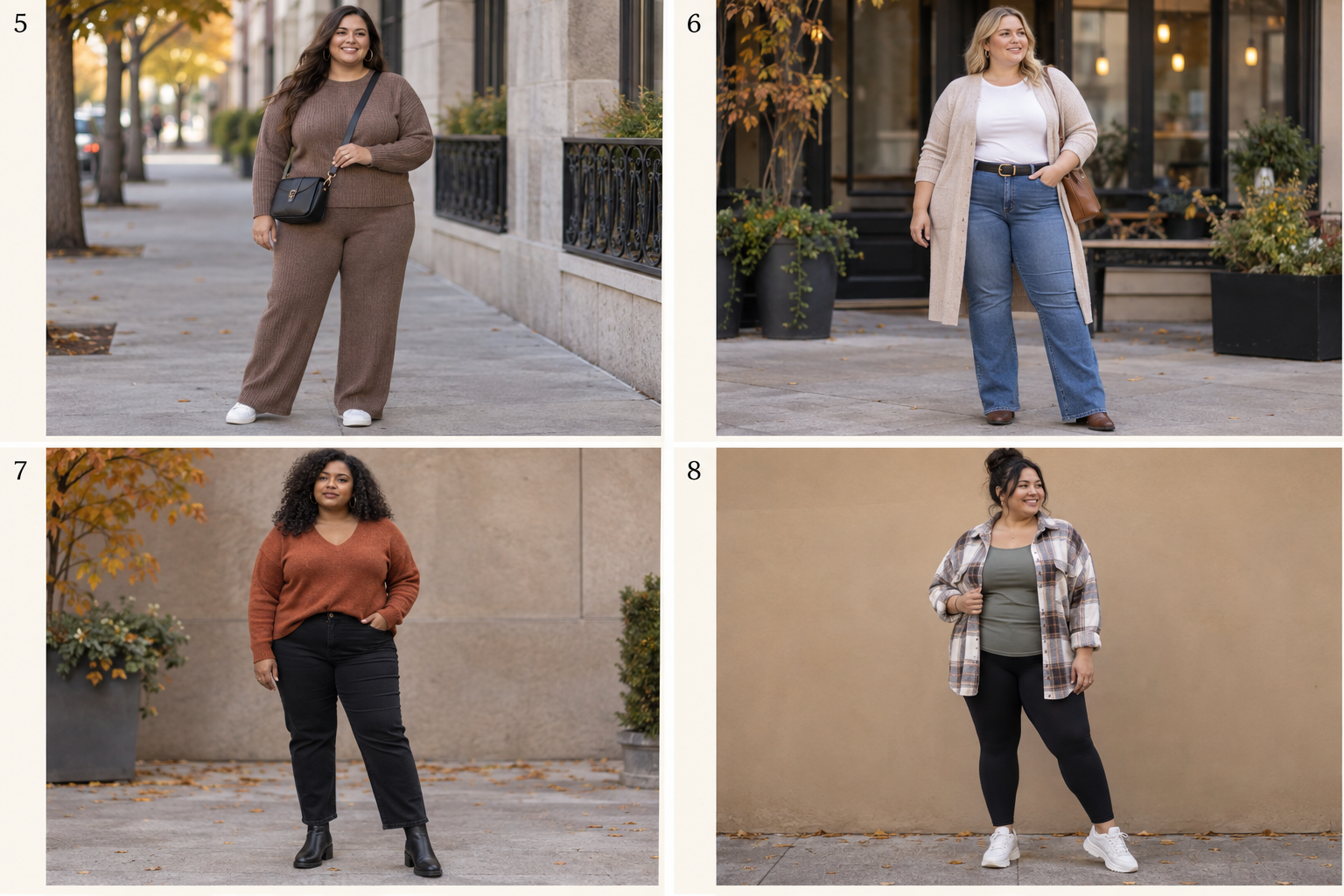 Plus-size fall looks 5-8: Matching knit set, crossbody bag, hoops; Long cardigan, fitted tee, bootcut jeans; V-neck sweater, black jeans, Chelsea boots; shacket, tank top, leggings, sneakers.