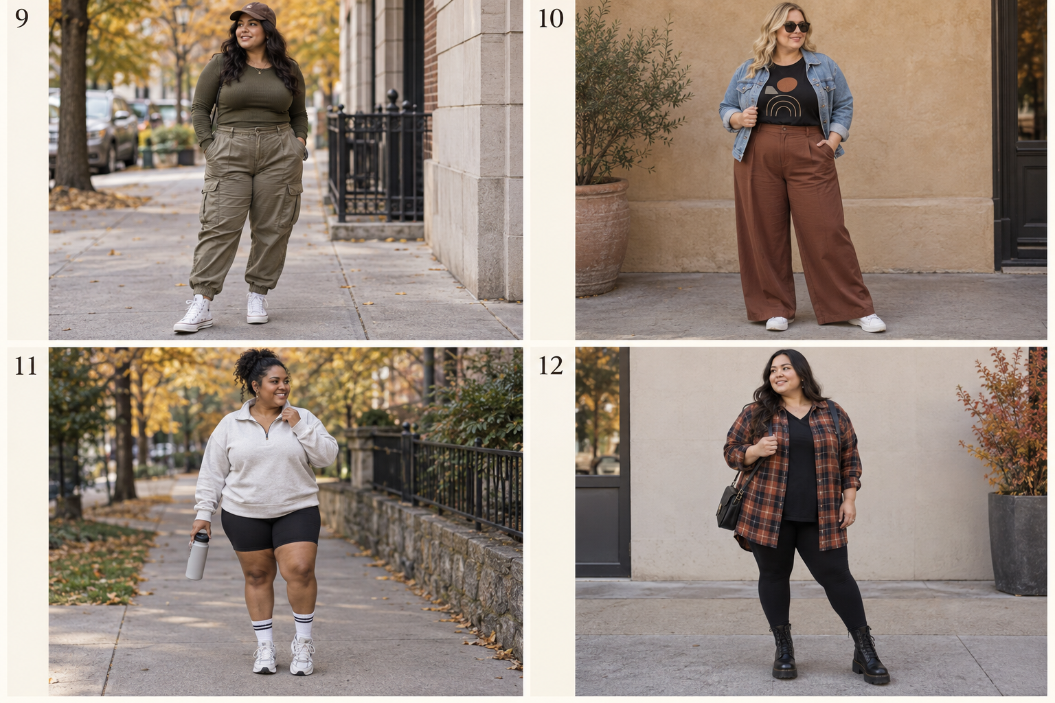 Plus-size fall looks 9-12: Ribbed long-sleeve top, cargo pants, high-tops; Denim jacket, black tee, wide-leg pants; Quarter-zip sweatshirt, bike shorts, tall socks; Flannel shirt, black leggings, lug boots.