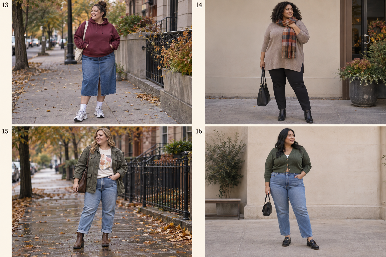 Plus-size fall looks 13-16: Hoodie, denim midi skirt, sneakers; Tunic sweater, ponte pants, soft scarf; Long-sleeve tee, utility jacket, relaxed jeans; Cropped cardigan, high-rise jeans, loafers.
