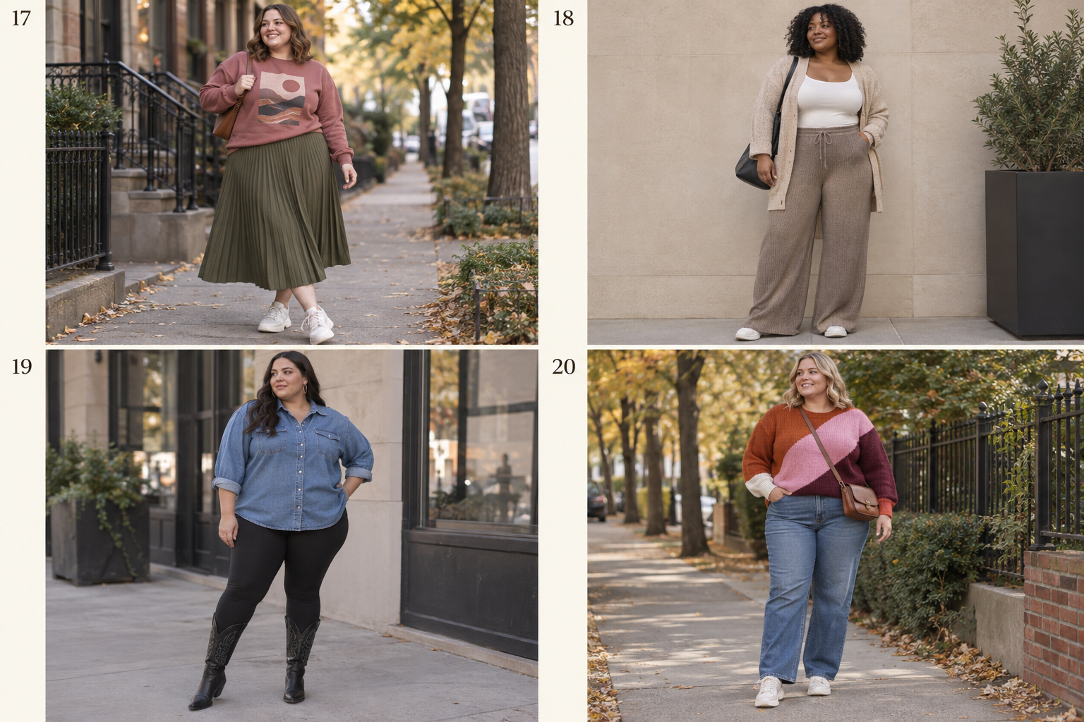 Plus-size fall looks 17-20: Sweatshirt, pleated skirt, chunky sneakers; Wide-leg knit pants, fitted tank, open cardigan; Denim shirt, black leggings, western boots; Color-block sweater, straight jeans, crossbody bag.