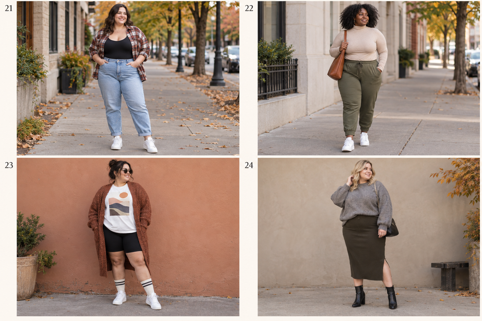 Plus-size fall looks 21-24: Black bodysuit, open flannel, light denim; Soft mock-neck top, joggers, clean sneakers; Longline cardigan, graphic tee, bike shorts; Oversized sweater, fitted midi skirt, boots.