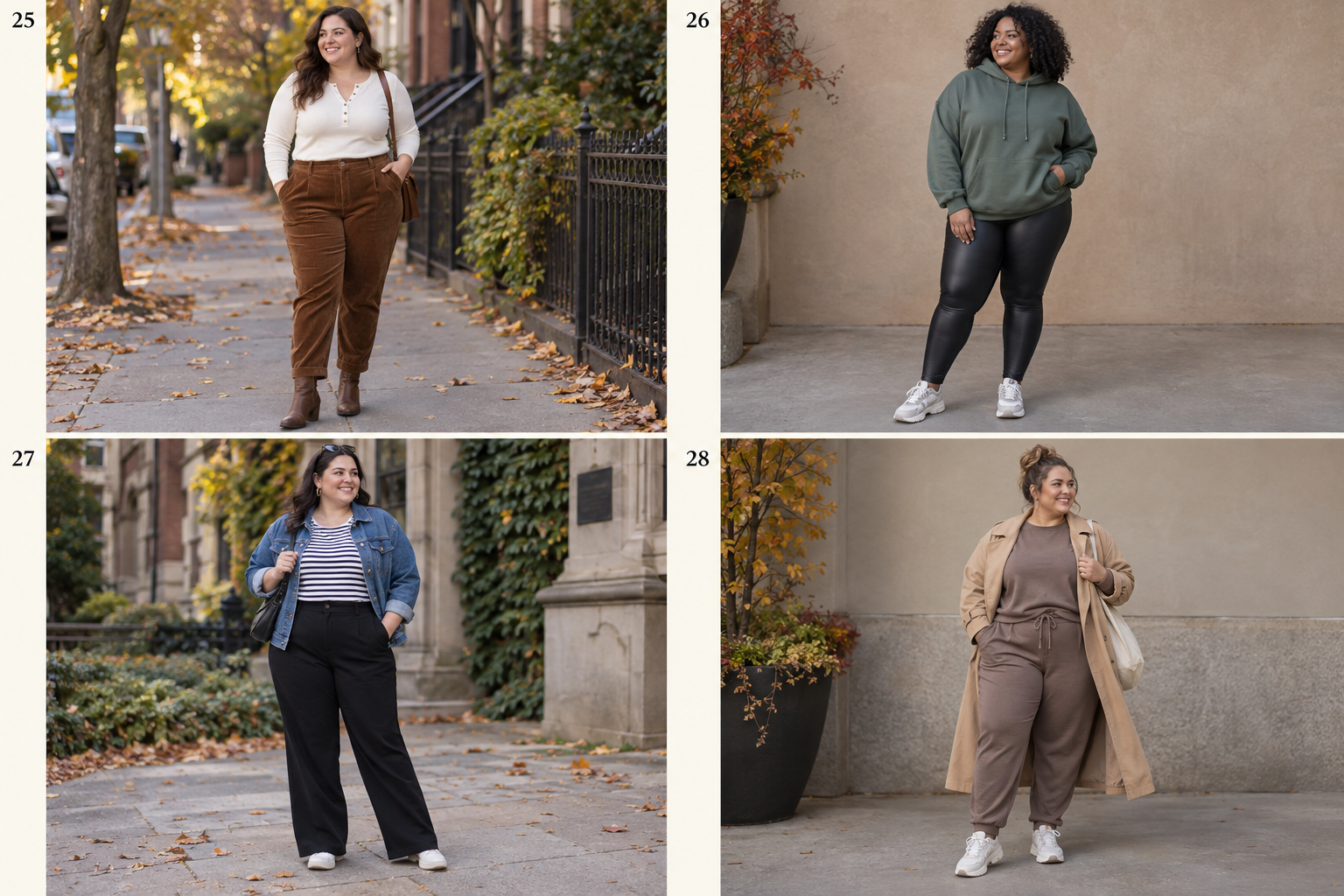 Plus-size fall looks 25-28: Henley top, corduroy pants, ankle boots; Hoodie, faux-leather leggings, sneakers; Striped tee, denim jacket, black trousers; Matching lounge set, trench coat, sneakers.