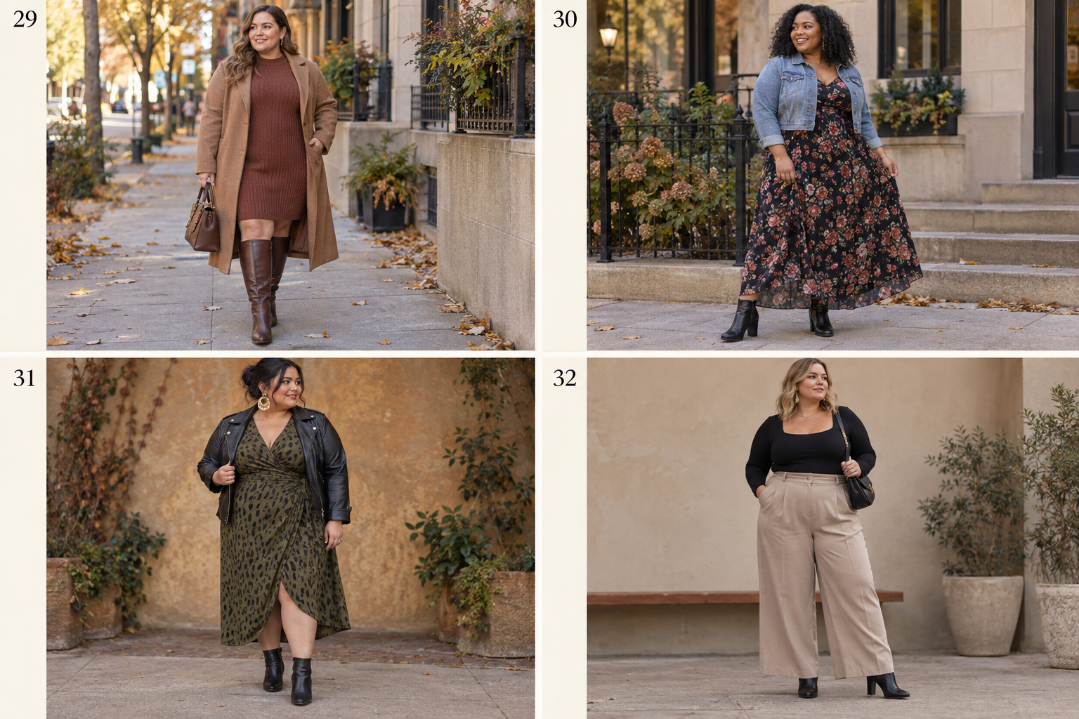 Plus-size fall looks 29-32: Sweater dress, knee-high boots, long coat; Floral maxi dress, cropped denim jacket, ankle boots; Wrap-style dress, moto jacket, bold earrings; Black top, wide-leg trousers, heeled boots.