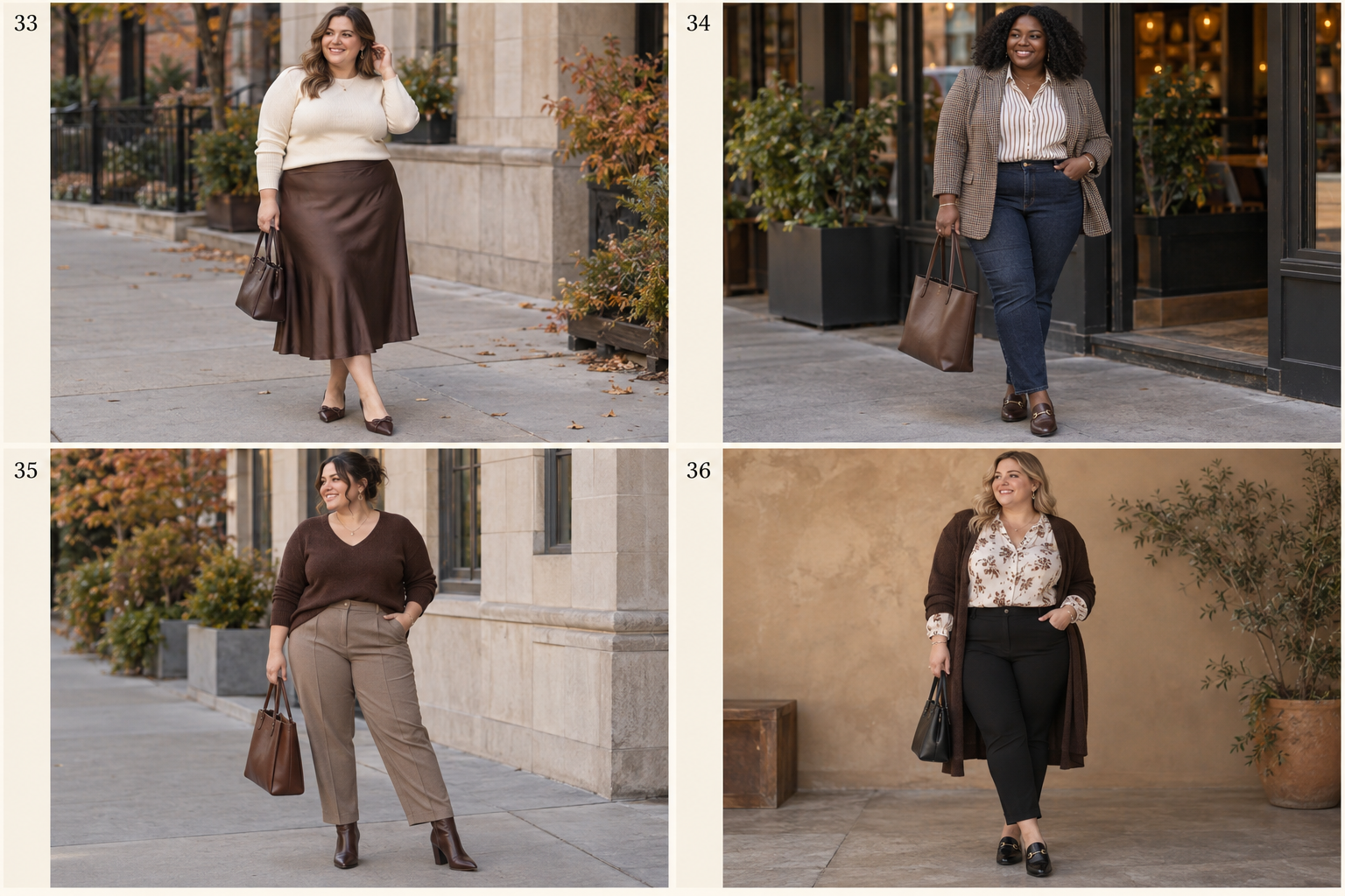 Plus-size fall looks 33-36: Satin skirt, fitted sweater, pointed flats; Dark jeans, blouse, blazer, loafers; V-neck sweater, tailored pants, ankle boots; Ponte pants, puff-sleeve blouse, long cardigan.