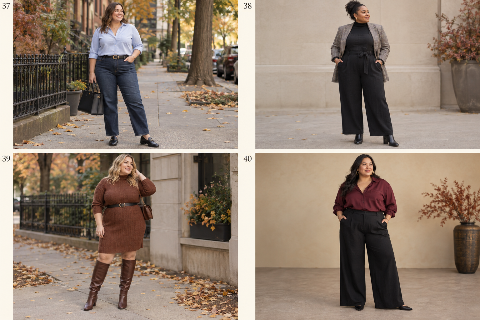 Plus-size fall looks 37-40: Button-down shirt, dark denim, structured bag; Jumpsuit, thin turtleneck, blazer; Knit dress, tall boots; Burgundy blouse, black wide-leg pants, gold hoops.