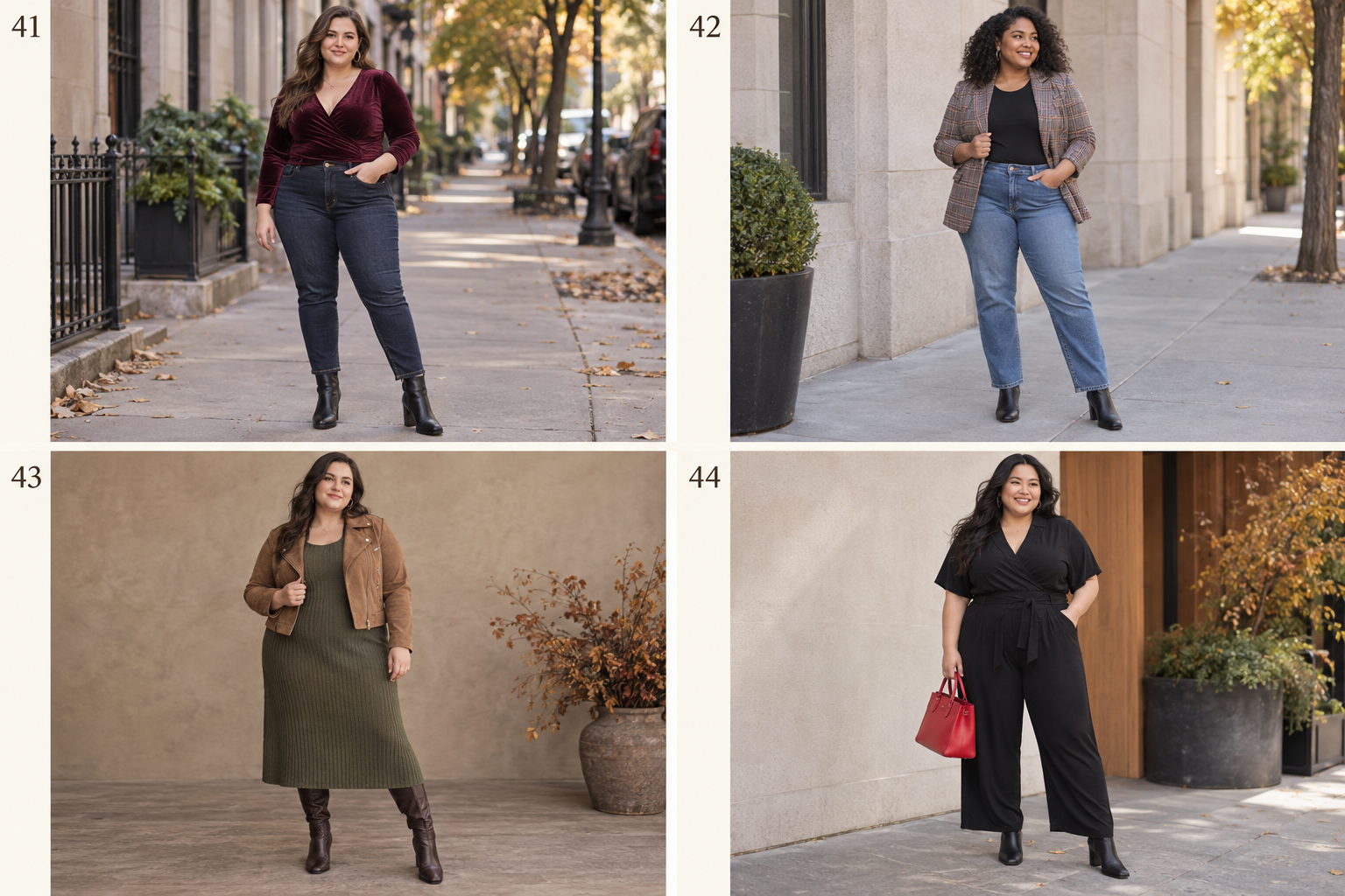 Plus-size fall looks 41-44: Velvet top, dark jeans, heeled boots; Plaid blazer, fitted tee, straight jeans; Ribbed midi dress, cropped jacket, boots; Black jumpsuit, bright bag, ankle boots.