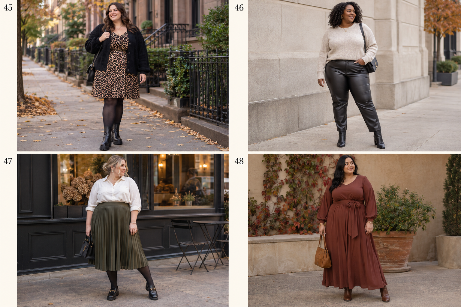 Plus-size fall looks 45-48: Leopard-print dress, black cardigan, lug boots; faux-leather pants, soft sweater, shoulder bag; Pleated midi skirt, tucked blouse, loafers; Long-sleeve maxi dress, waist detail.