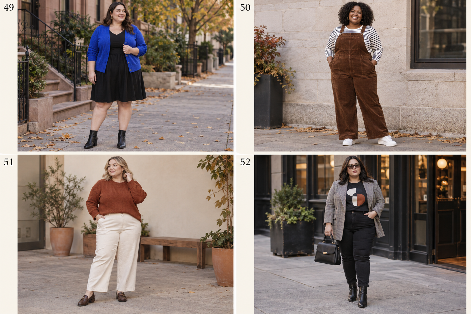 Plus-size fall looks 49-52: Cobalt cardigan, black dress, simple boots; Corduroy jumpsuit, striped top, sneakers; Rust sweater, cream trousers, loafers; Blazer, graphic tee, black jeans, boots.