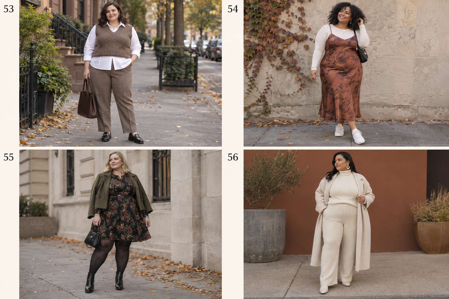 Plus-size fall looks 53-56: Sweater vest, button-down, tailored pants; Slip dress, thin long-sleeve tee, sneakers; Dark floral dress, tights, ankle boots; Monochrome knit set, statement earrings, long coat.