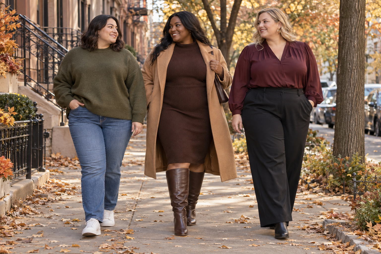 Three plus-size women wearing an olive sweater with jeans, a sweater dress with a camel coat, and a burgundy blouse with black trousers.