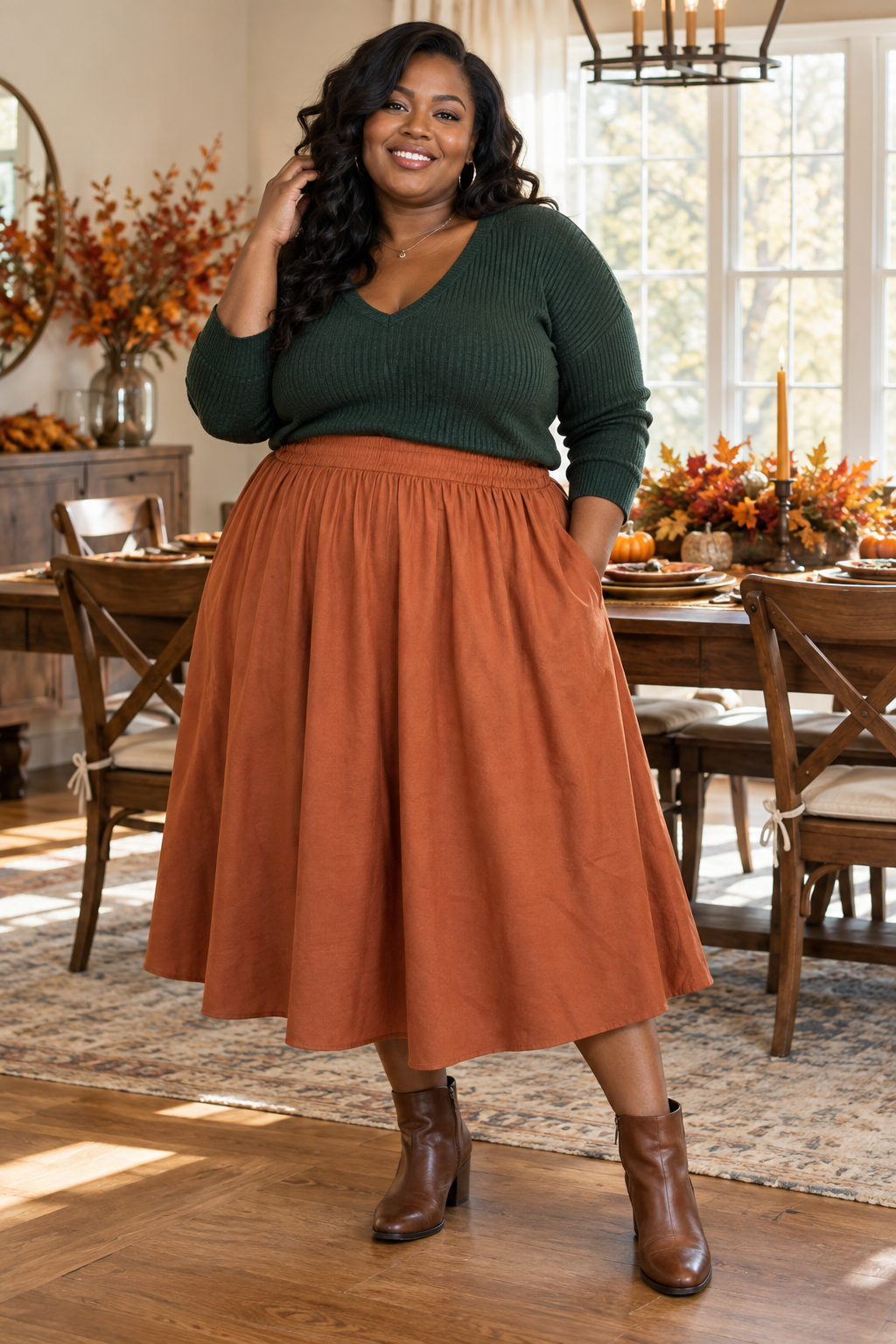 A smiling woman wears a dark green V-neck sweater, rust-colored midi skirt, and brown booties in a dining room with fall decor.