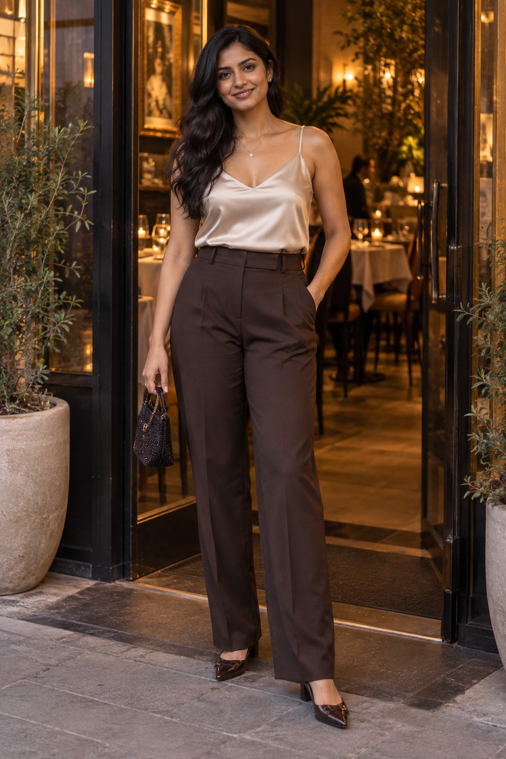 Woman in a champagne satin camisole and brown high-waisted trousers stands smiling at a restaurant entrance, holding a small black beaded handbag.